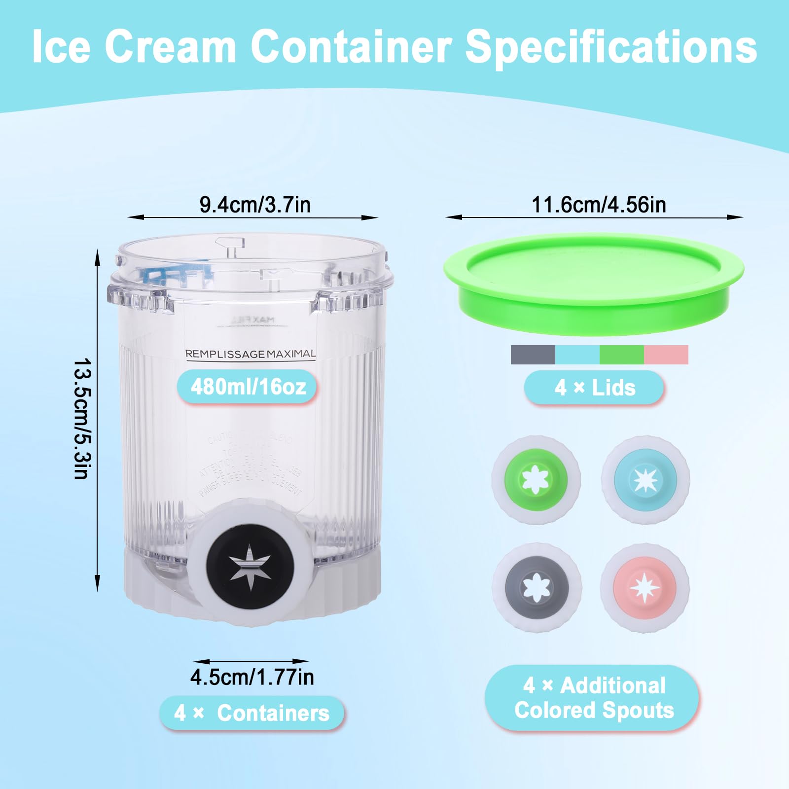 Lot de 4 récipients à crème glacée avec couvercles pour Ninja Creami Swirl, 480 ml, accessoires de rechange pour machine à crème glacée Ninja série NC700/NC701 (sans BPA et passe au lave-vaisselle)
