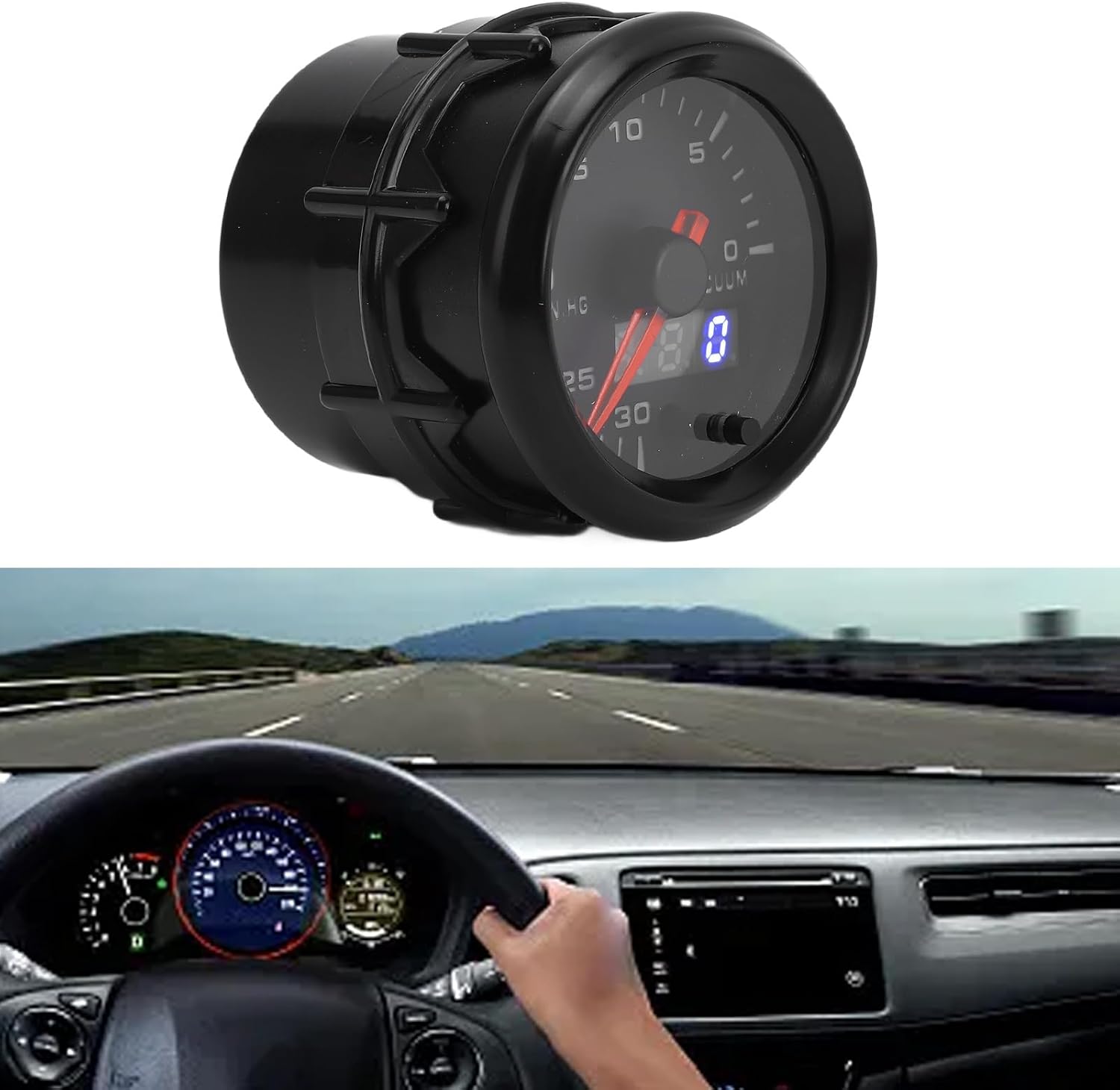 Car Digital Vacuum Gauge, 52mm Vacuum Gauge DC Pointer Digital Display 0 to 30 in.HG Automotive Vacuum Meter Kit, ABS Material Suitable for DC12V Vehicles Correct Vacuum Level