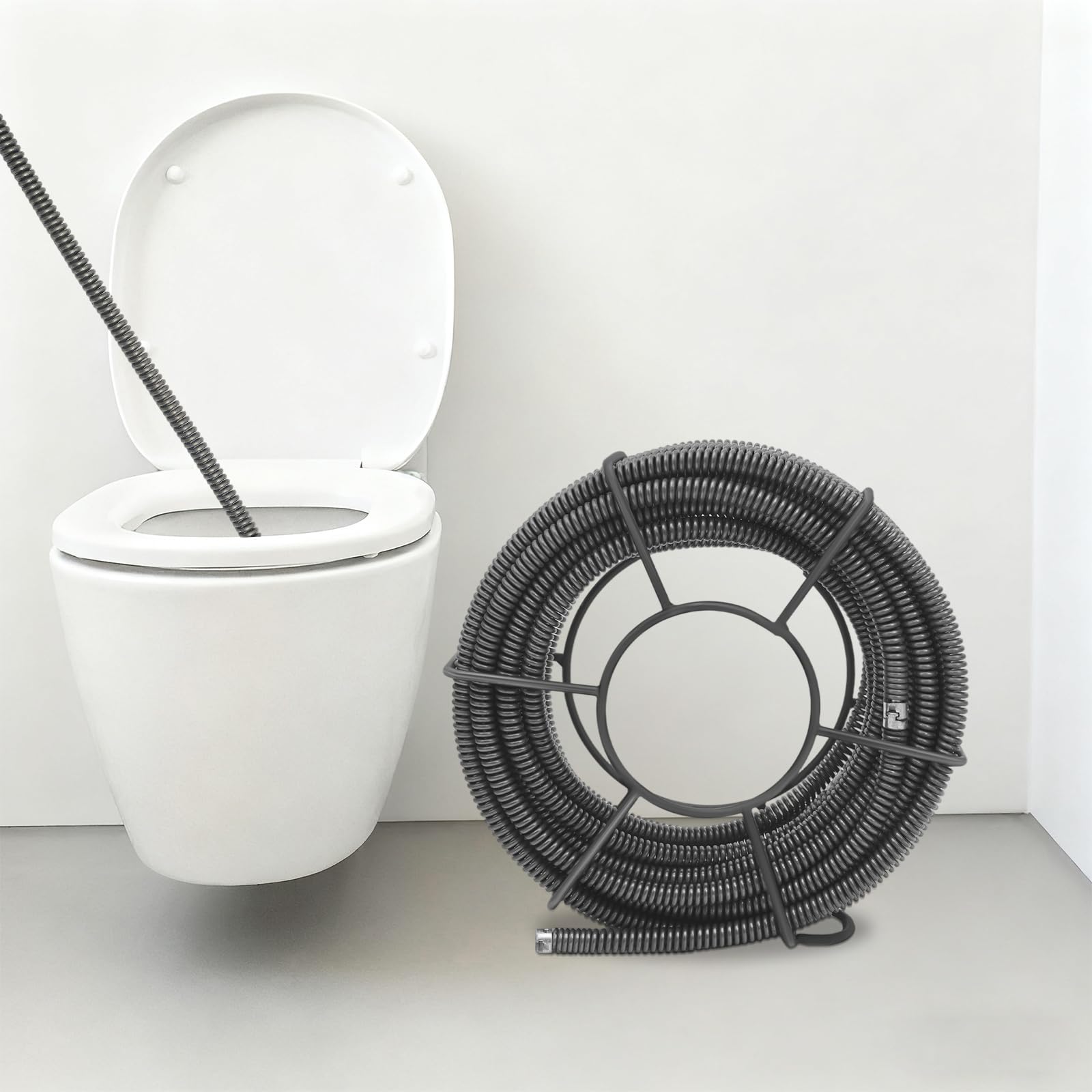 Espiral de limpieza de tuberías de 20 m, espiral flexible, con estante de almacenamiento para cocina, baño, contra obstrucciones en tuberías de desagüe
