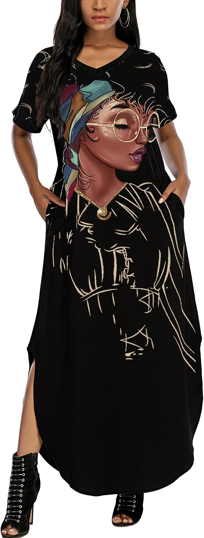 AZPSRT Afro Women's Short Sleeve Plus Size Dresses African American Melanin Queen Print Summer Dress 3X-Large A-Black