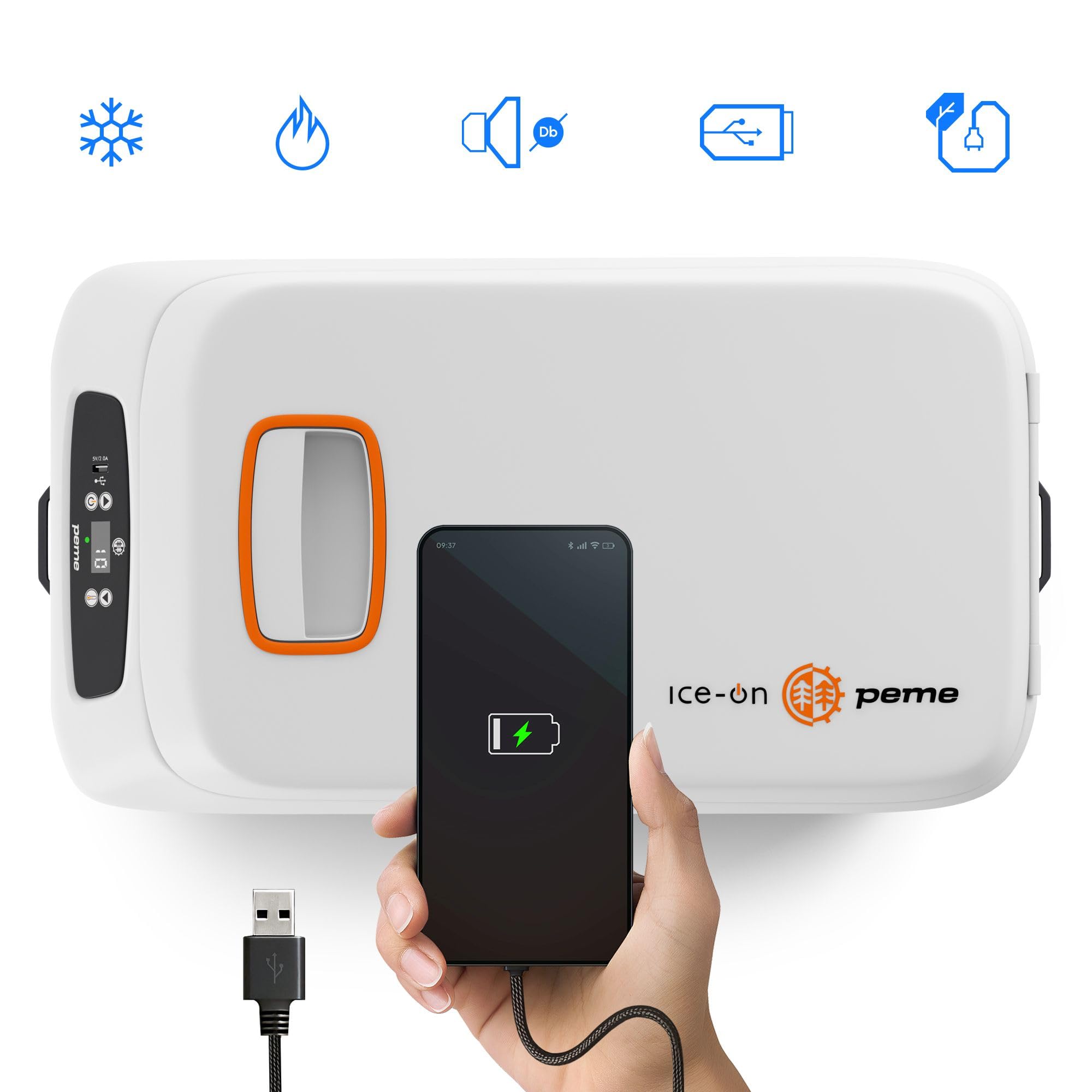 peme Ice On 28,3L – Przenośna lodówka termoelektryczna z wyświetlaczem LCD, portem USB, podwójnym zasilaniem 12V/230V – Idealna na camping, podróże & do samochodu