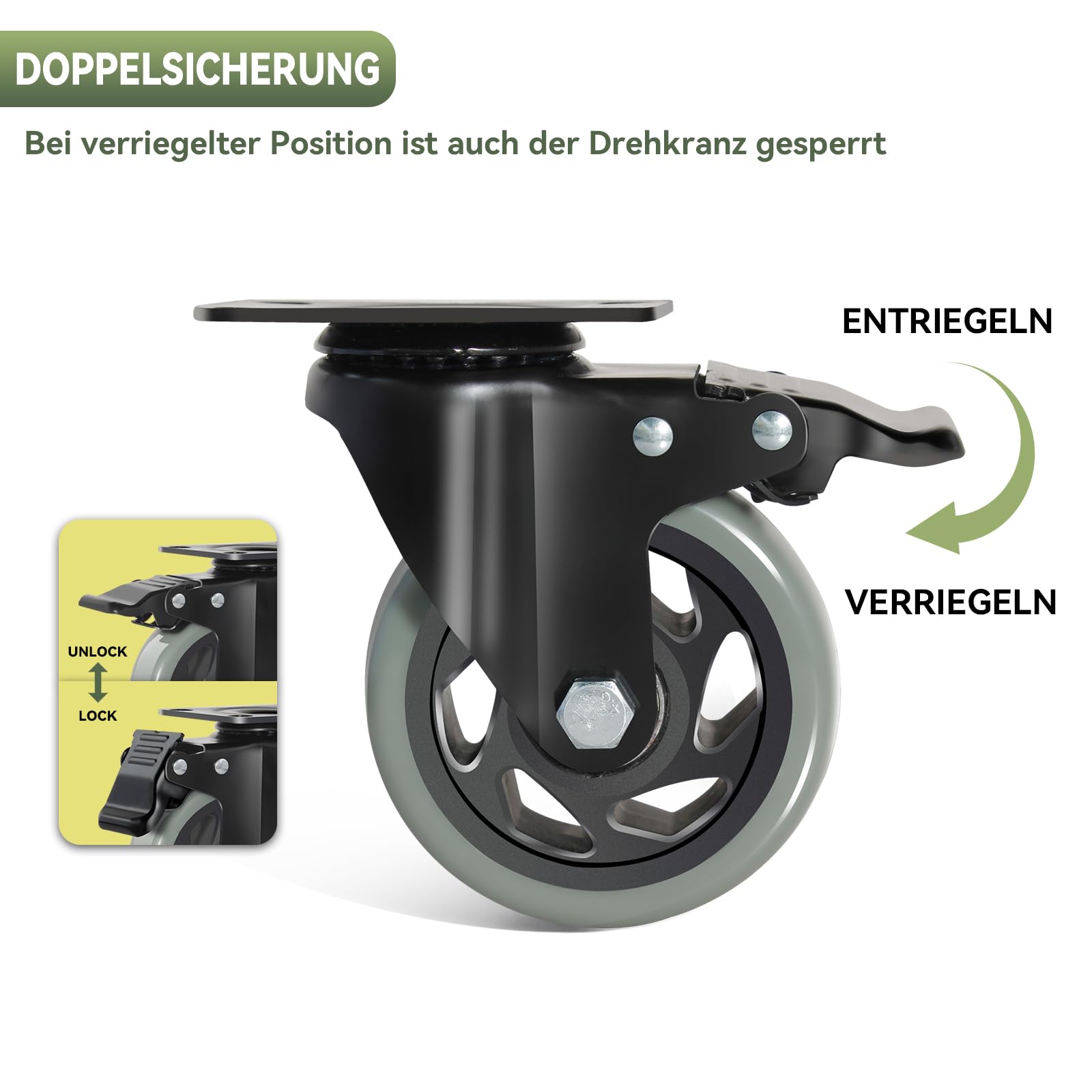 100mm Graue Schwerlastrollen - 4er Set Lenkrollen mit Bremsen bis 600KG inkl. Montagezubehör Möbelrollen für Innen- und Außenbereich - Rollen für Möbel Multifunktionale Transportrollen