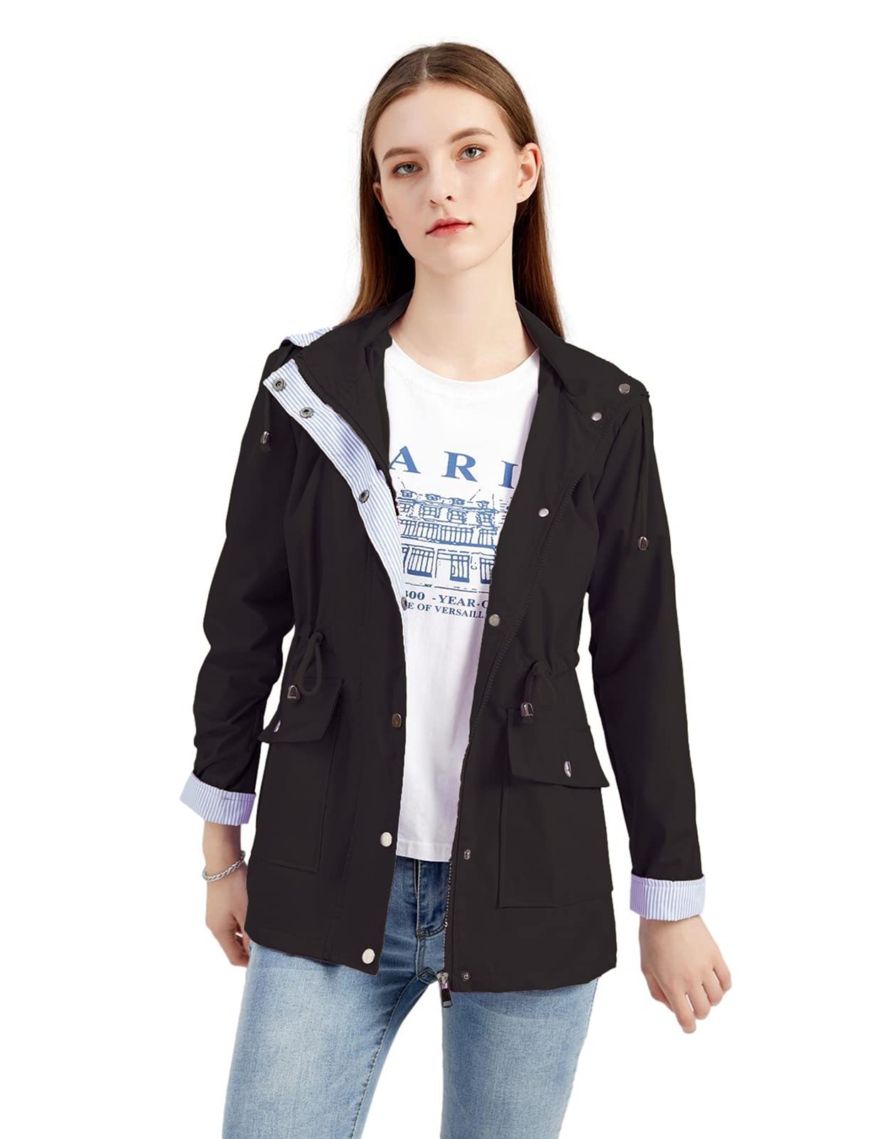 Women`s Lightweight Windbreaker Hooded Rain Jacket Trench Coat With Hood