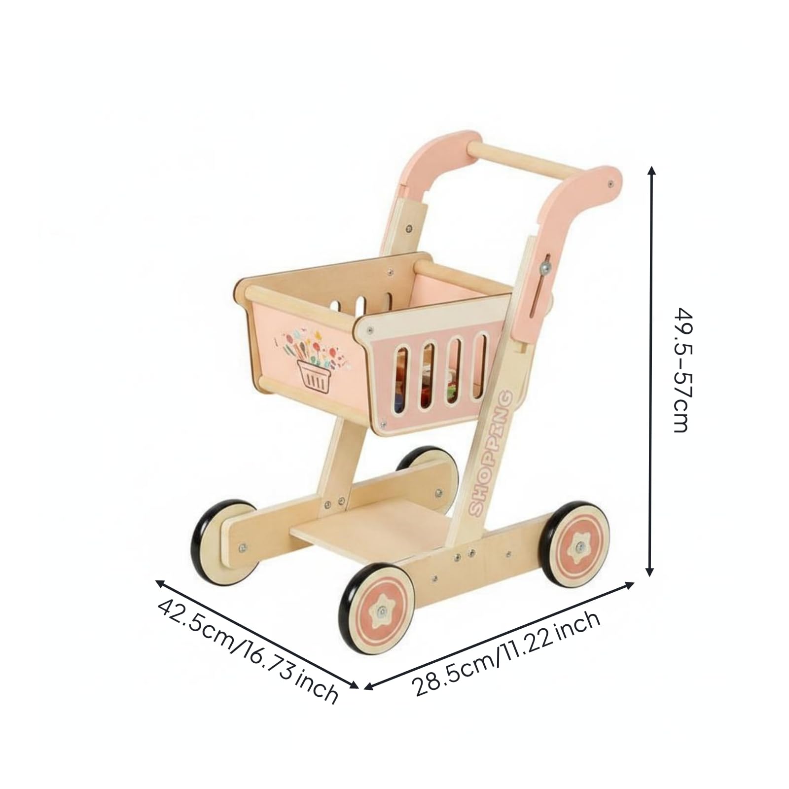 Harilla Kinder Einkaufswagen Spielzeug Holz Einkaufswagen Kinderwagen Rollwagen mit Holzrahmen Pushgriff Offener Ablage Und Seitenschlitzen für Rollenspiel Laden Alltag, Rosa Einkaufswagen