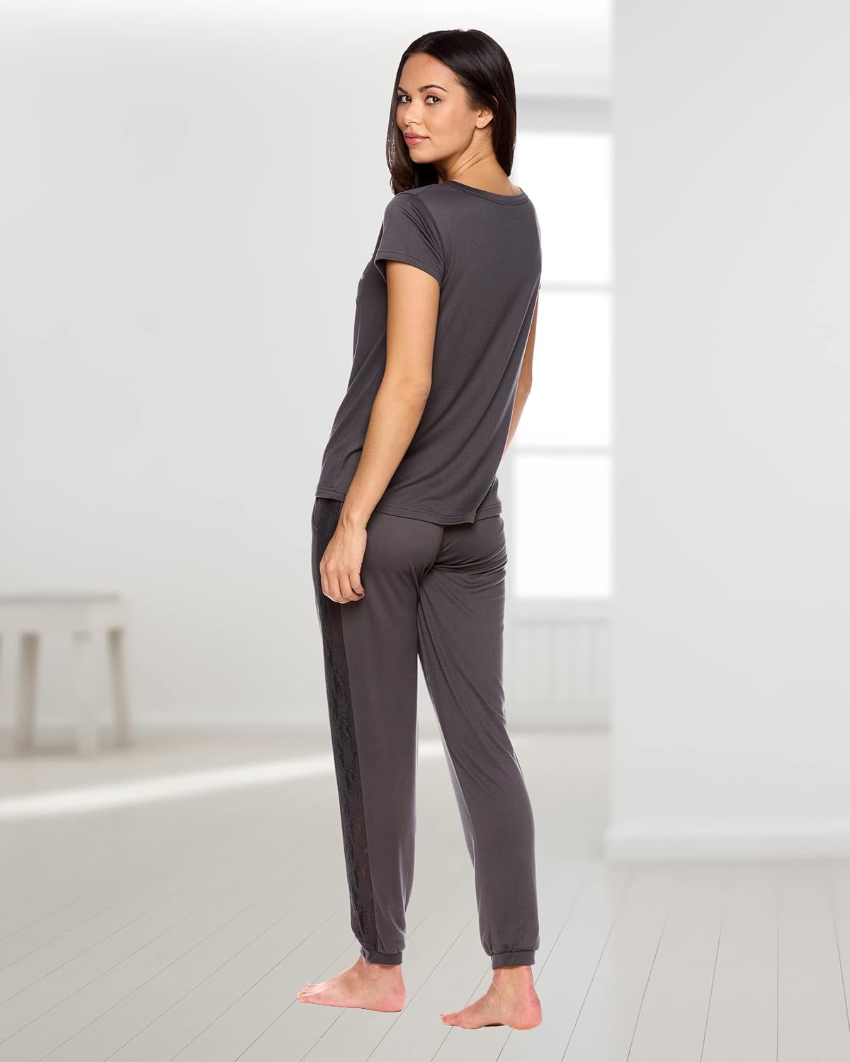 bebe Womens Pajama Set, Short Sleeve Shirt with Lace Jogger PJ Pants Lounge Sets for Women - Image 2