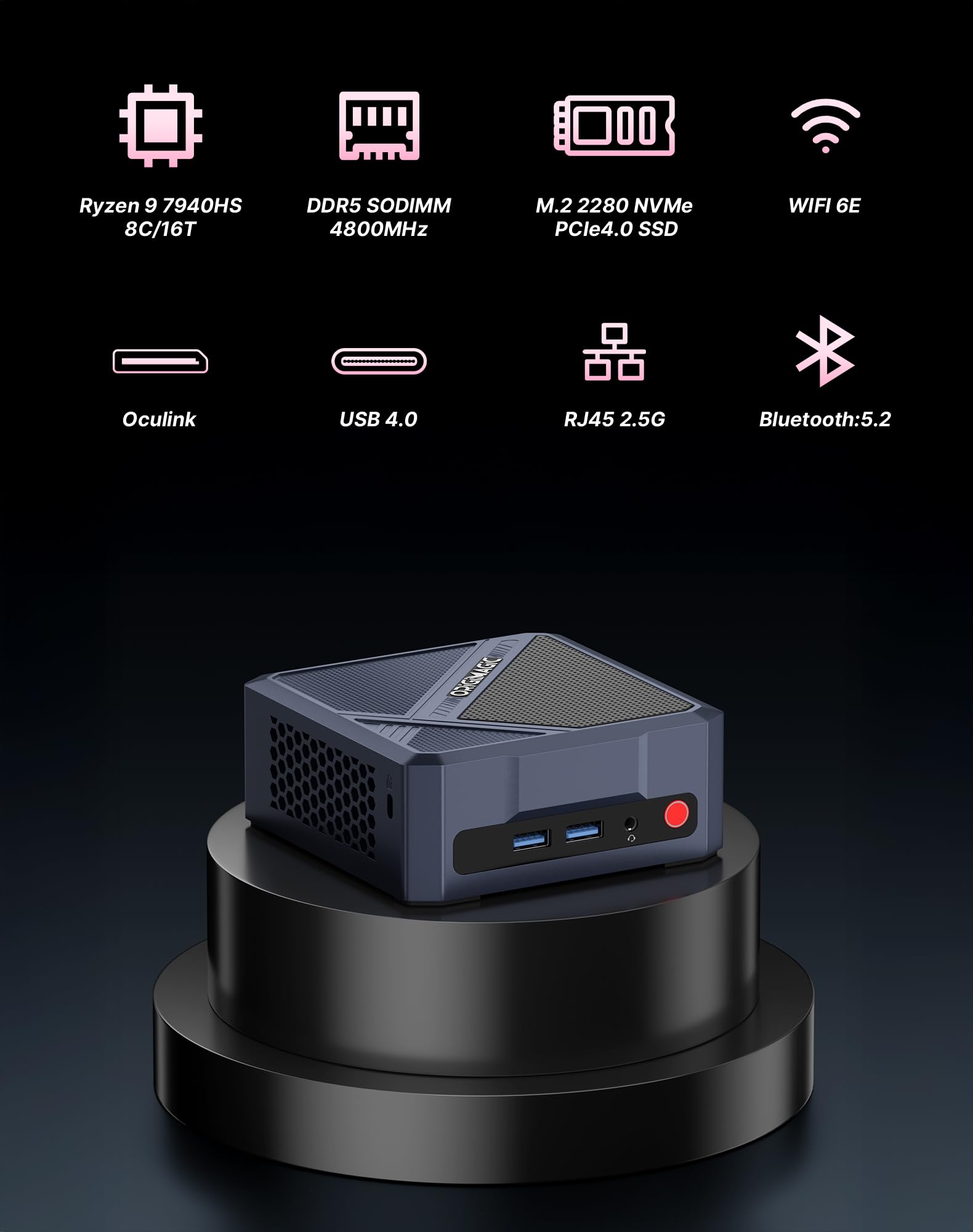 Mini PC A1 Pro Ryzen 9 7940HS Jusqu’à 5,2 GHz,32 Go DDR5(64Go Max),SSD 1To,Triple écran 4K,Wi-FI 6E,BT5.2,2.5G LANdéal pour Les Jeux,Design,bureautique Autres environnements
