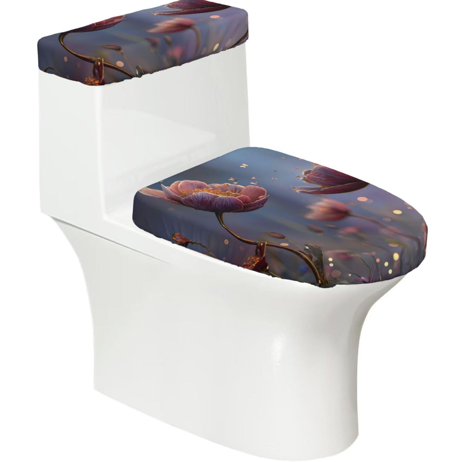 X Psblty Flowers Toilet Seat Cover Set 2 Piece Bathroom Decor Toilet Lid Cover With Tank Top Cover Stretch Fit Soft Fabric For Home 15-21 Inch