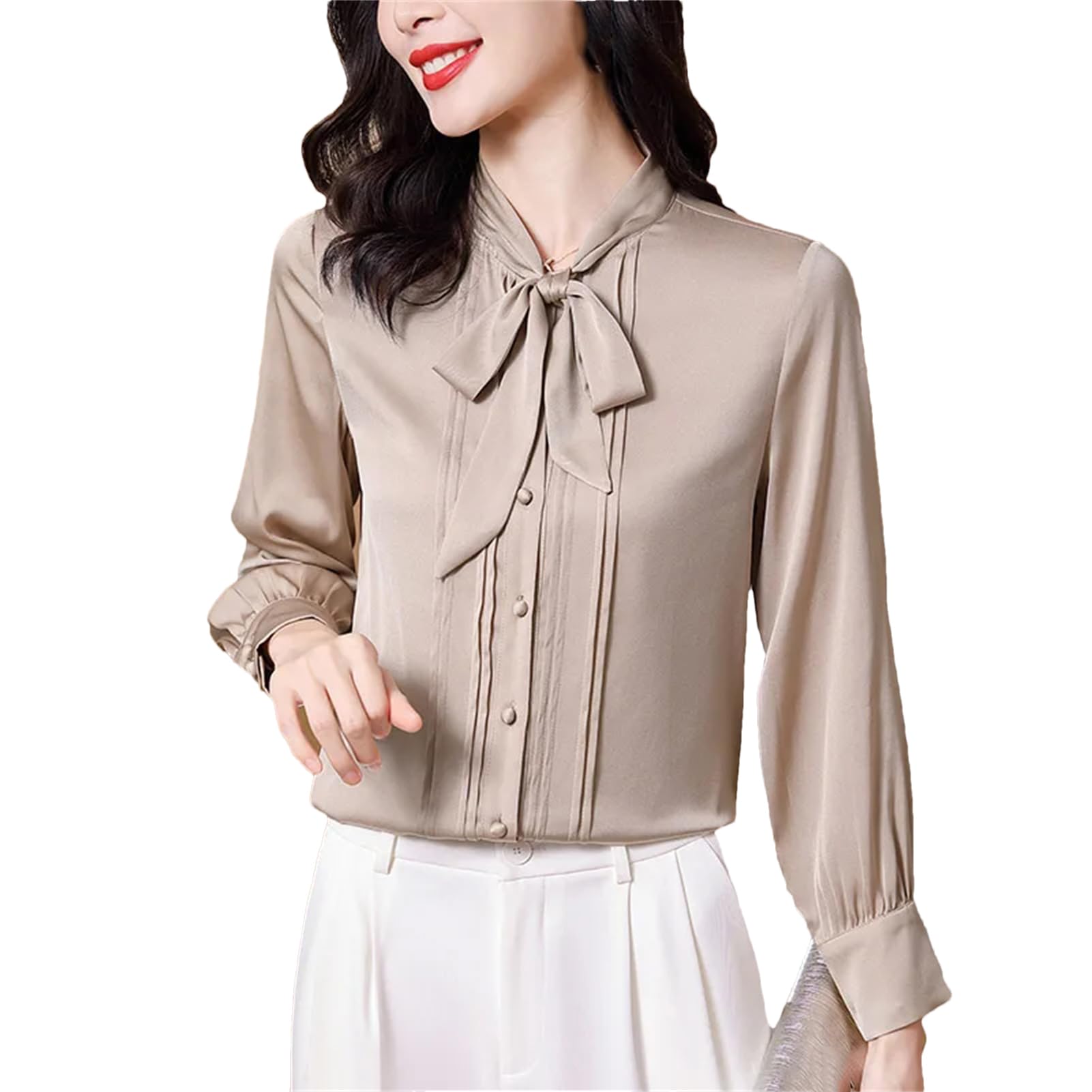 Camisa de moda para mujer, con lazo, de manga larga, de seda, para oficina, color liso
