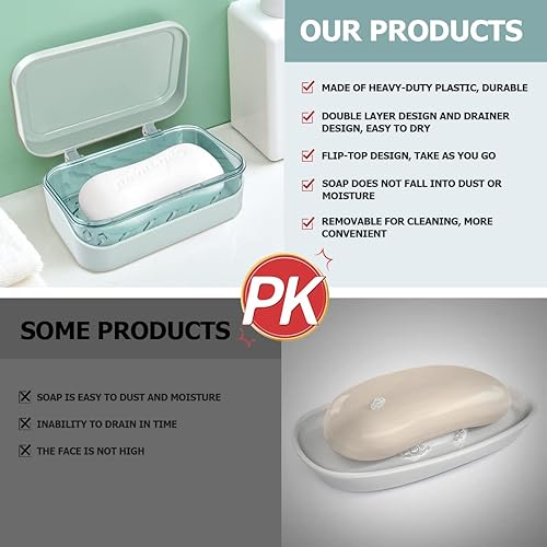 Miniatura 4 de 2 jaboneras de doble capa con tapa, funda portátil para jabón con bandeja de drenaje ranurada desmontable, recipiente para bandeja de jabón para