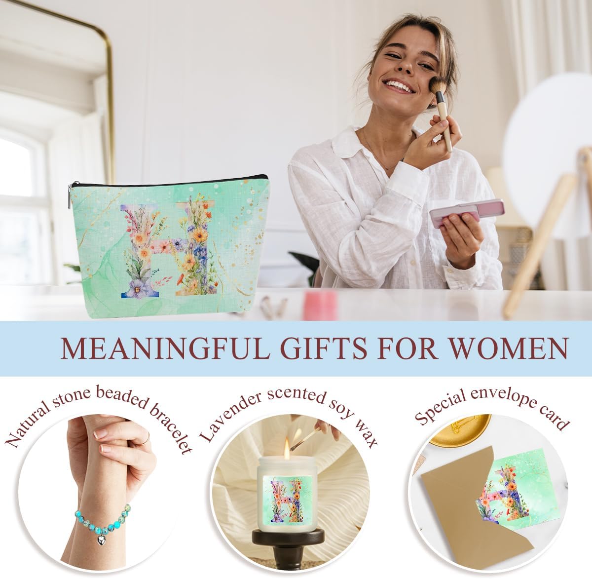 Personalized Gifts Monogrammed Birthday Gifts for Women, Bridesmaid Bachelorette Party Christmas Initial Wine Tumbler Makeup Bag Scented Candle Bracelet Set, (Aesthetic Green Flower H) - Image 5