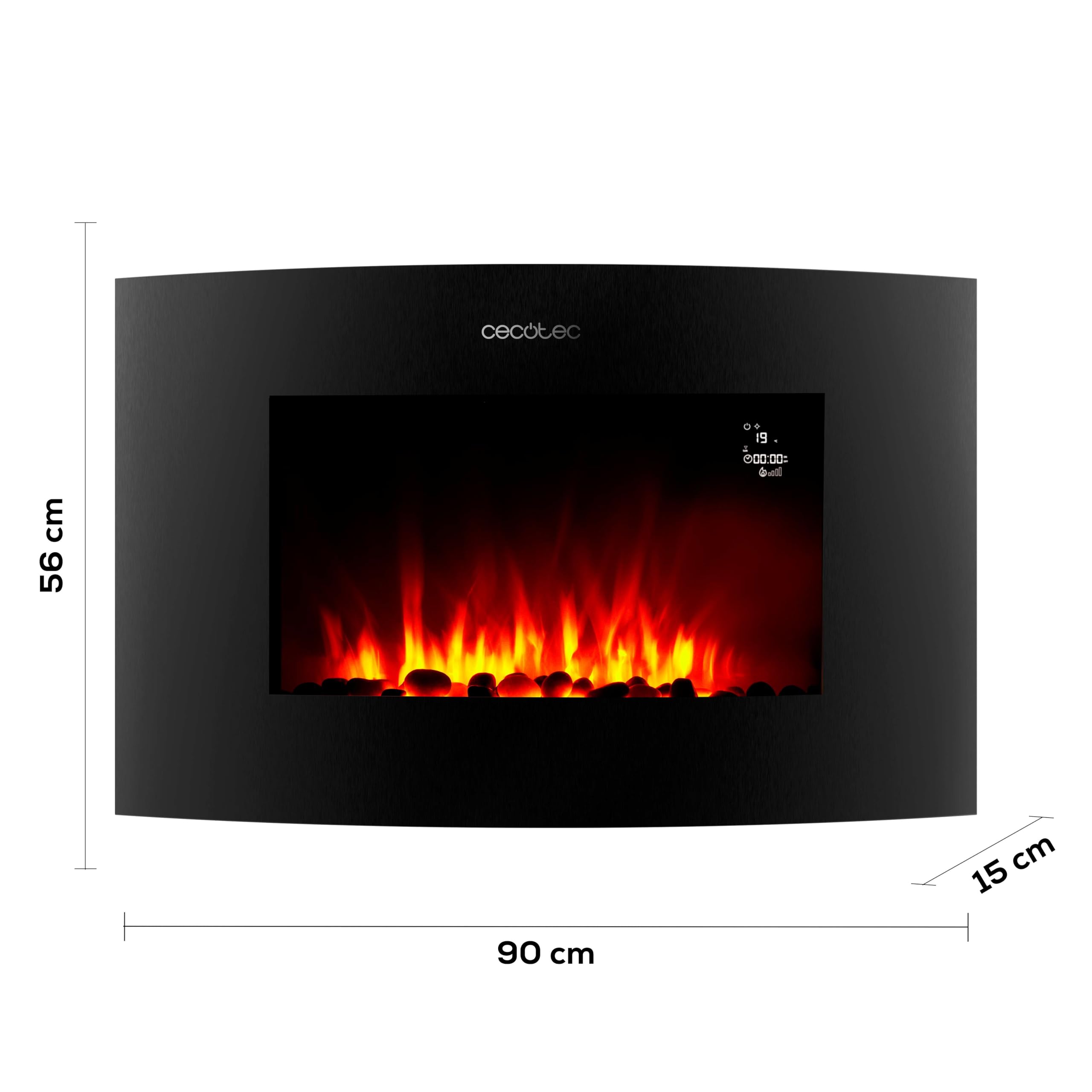 Cecotec Dekoracyjny kominek elektryczny 35 "z pilotem i Wi-Fi ReadyWarm 3560 Curved Flames Connected. Maksymalna moc 2000 W, 2 natężenia, zakrzywiony panel ze szkła hartowanego, regulowany płomień