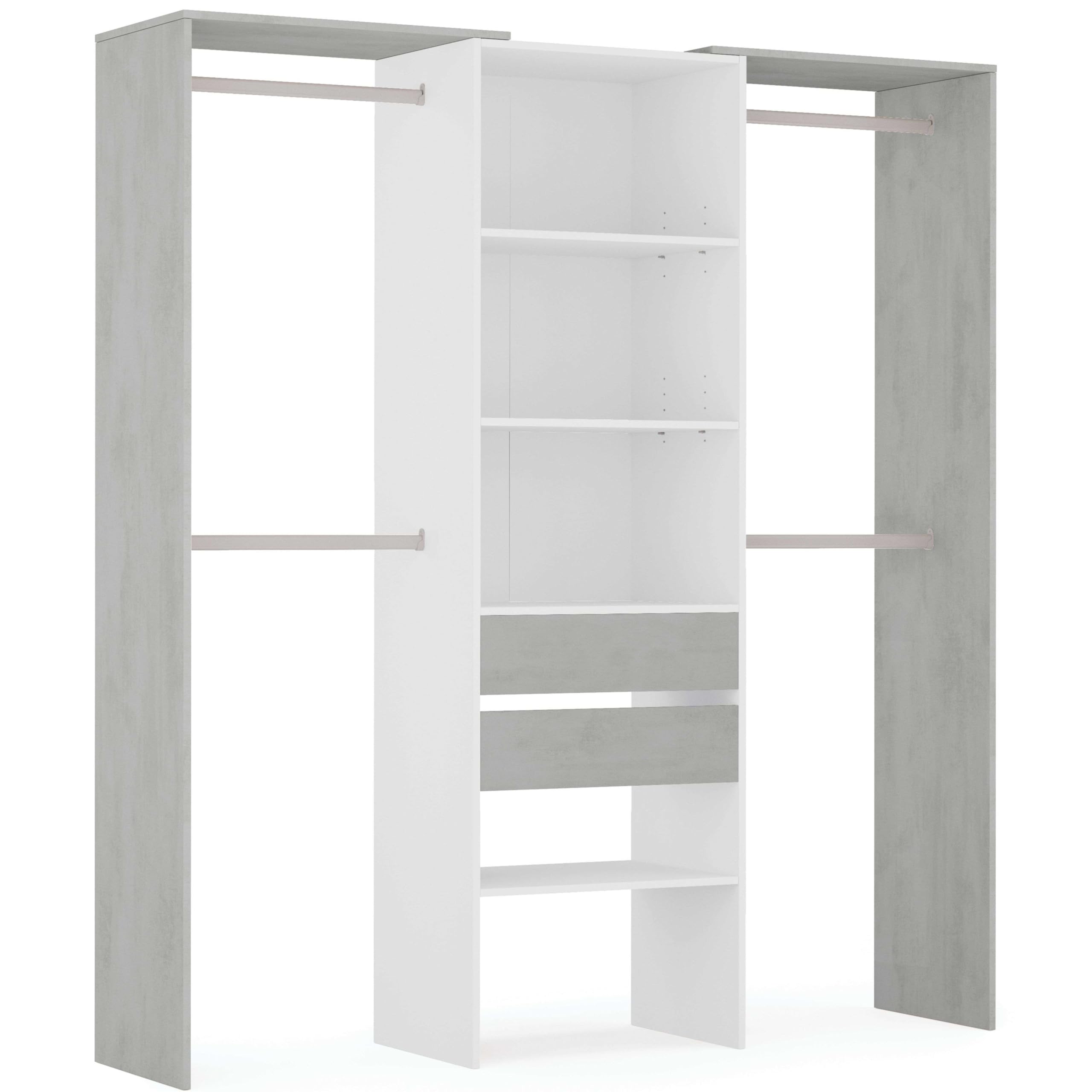 Habitdesign Armario Vestidor con 2 Cajones, Vestidor con Barras y Baldas, Acabado en Blanco Artik y Gris Cemento, Medidas: 179 cm (Ancho) x 202 cm (Alto) x 50 cm (Fondo)