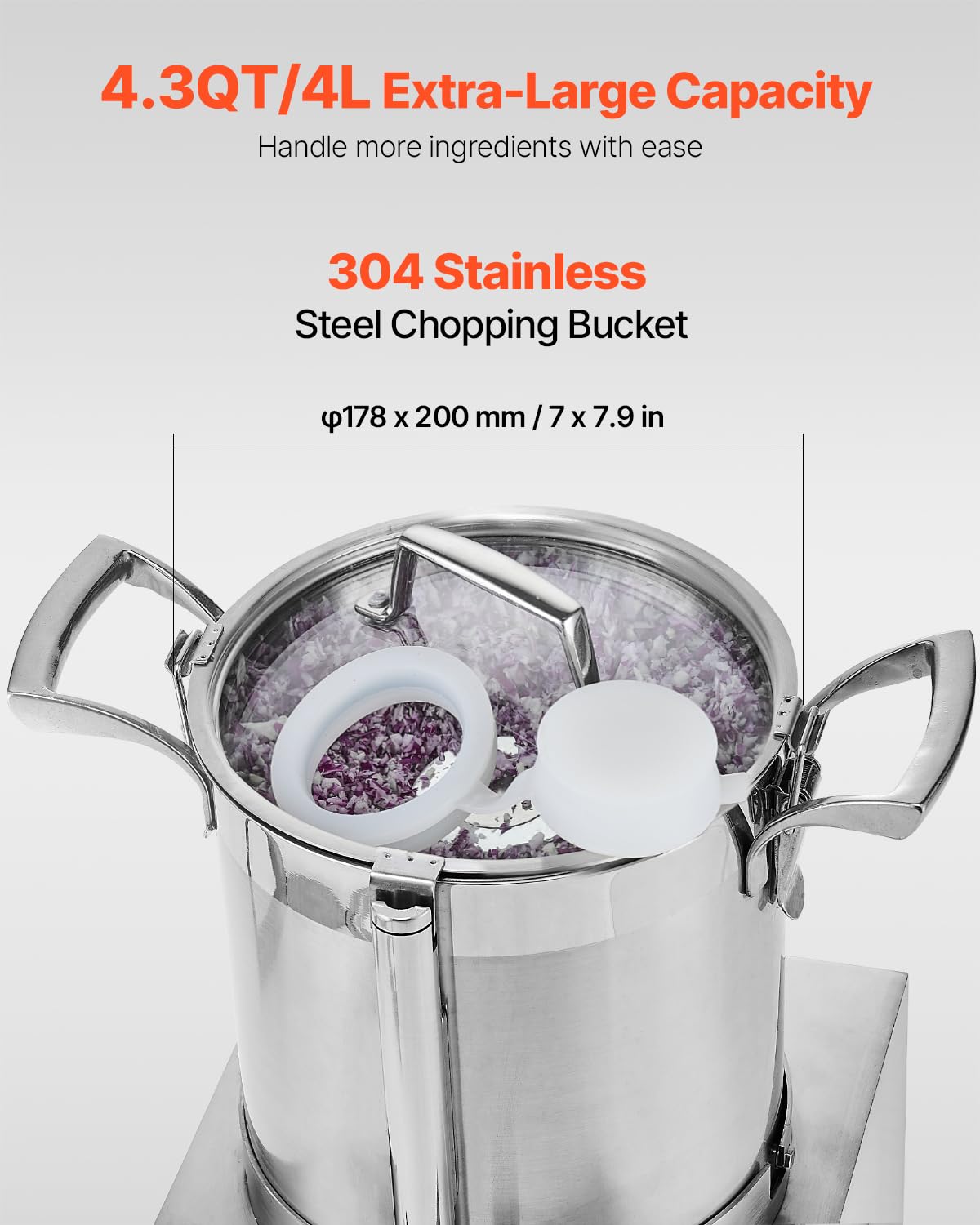 VEVOR Procesador de Alimentos y Picadora de Verduras, Acero Inoxidable de Grado Alimenticio 4 L con 2 Cuchillas Curvas S Adicionales, para Picar Verduras, Frutas, Granos y Nueces, 300 x 300 x 475 mm