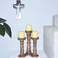 Vista 38 de Juego de tres portavelas de pilar de 6 pulgadas, 12 pulgadas y 6 pulgadas de madera de mango hecho a mano Pulido oscuro