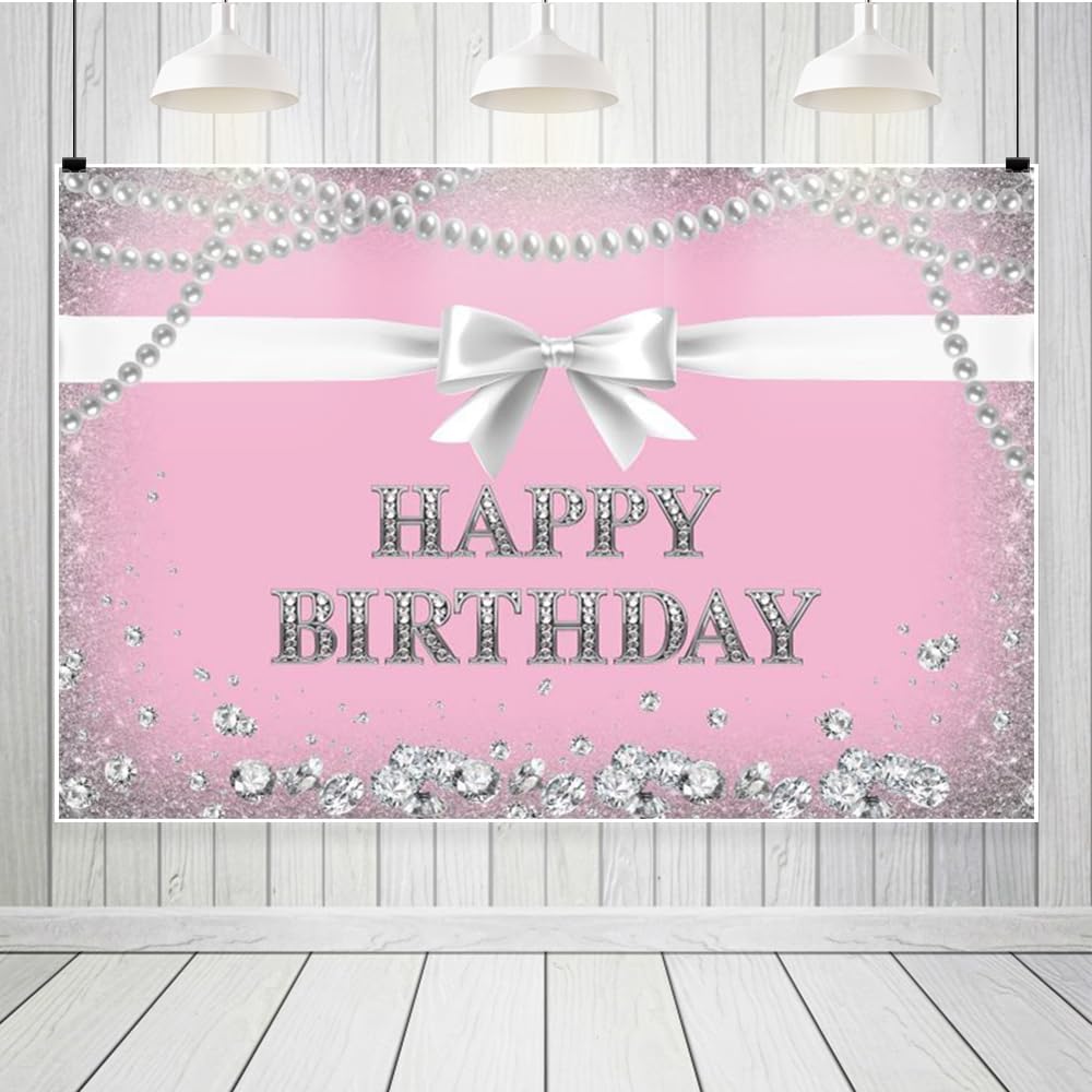 Leowefowa Różowe tło "Happy Birthday" do fotografii 2,4 x 2 m, winylowa, srebrna, kokarda, naszyjnik, diamenty, tło fotograficzne, przyjęcie urodzinowe, dla dziewczyny, księżniczki, baner, rekwizyty