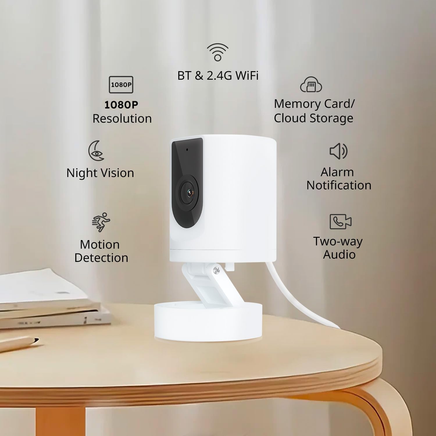 BoyKeep 1080P Indoor Security Camera with icons for 1080P Resolution, Night Vision, Motion Detection, BT & 2.4G WiFi, Memory Card/Cloud Storage, Alarm Notification, Two-way Audio.