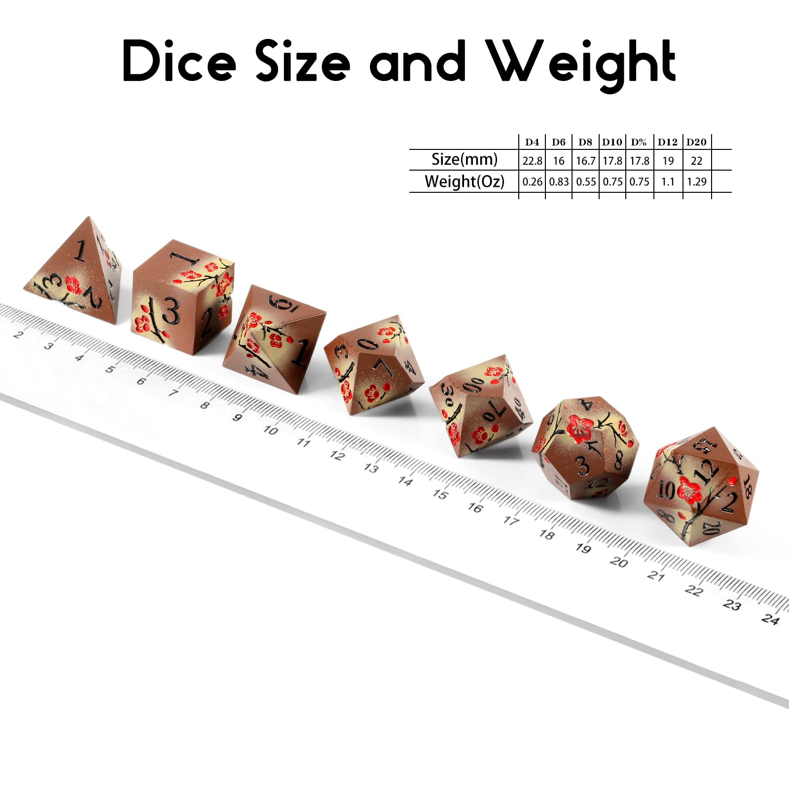 DNDND - Juego de dados de metal DND, 7 piezas de flores metálicas D&D con hermosa caja de regalo para juego de mesa de Dungeons and Dragon de D&D (marrón y crema)