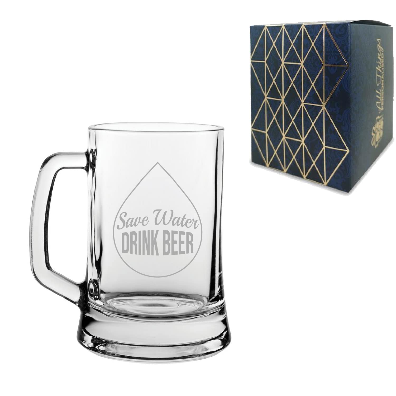 Tazza da birra divertente incisa, Save Water Drink Beer, Stein in vetro, può contenere fino a 480 ml, regalo per lui, regalo per papà, festa del papà, confezione regalo, incisa nel Regno Unito