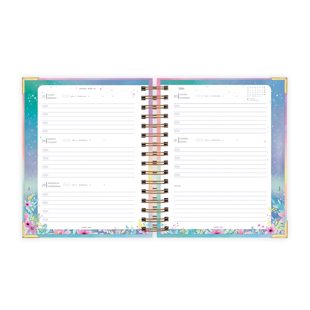 Nukua Notes, Agenda 2024 January to December (12 months), Week to View, A5 (15.5x20.5cm), Spanish and English, Golden Rings - Image 2