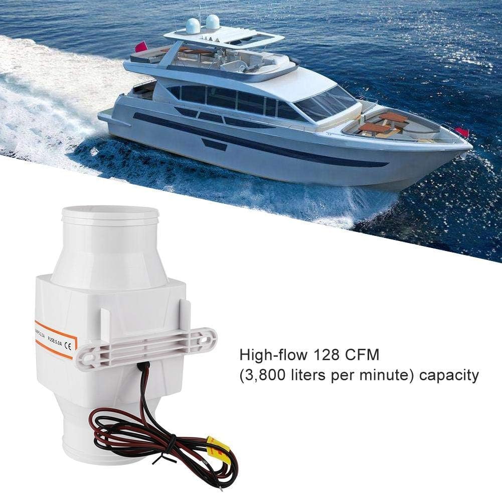 Ventilador de Aire de 12 V/24 V Ventilador de sentina Marina en l¨ªnea de 3 Pulgadas, Ventilador de ventilaci¨®n silencioso y Fuerte, para yate, Barco, RV, Blanco(12V)