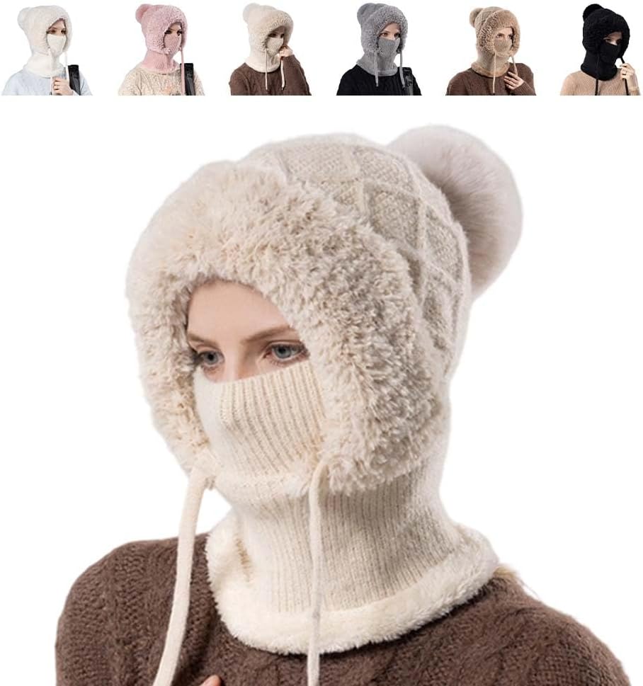 Balaclava Women’s Winter Hat, 3-in-1 Beanie Hat, Warm Knitted Hat & Neck Warmer Sets, Multifunctional Adjustable Face Mask for Daily and Outdoor Use