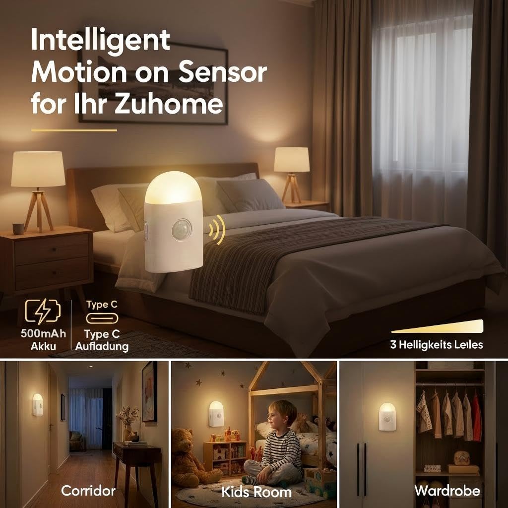Luces LED de noche con sensor de movimiento, color blanco cálido con batería recargable de brillo ajustable, con gancho y adhesivo para armario, armario, pasillo, escaleras (1 unidad)