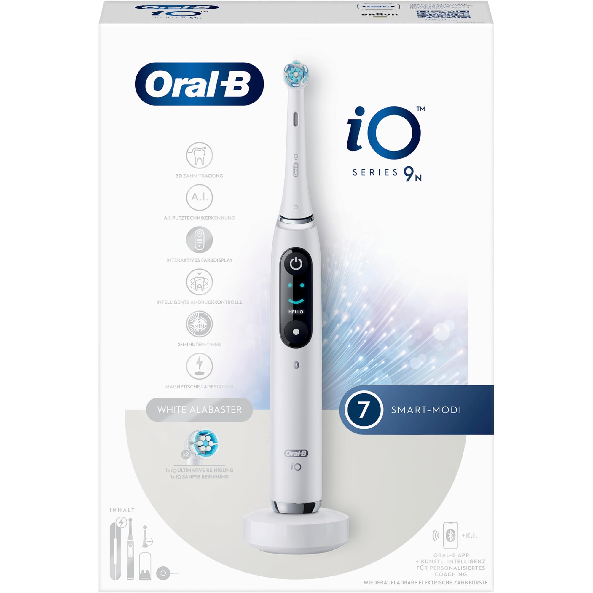 Oral-B iO Series 9 Brosse à dents électrique, 2 brossettes, 7 modes de brossage, soin des dents, écran couleur, étui de voyage, albâtre blanc