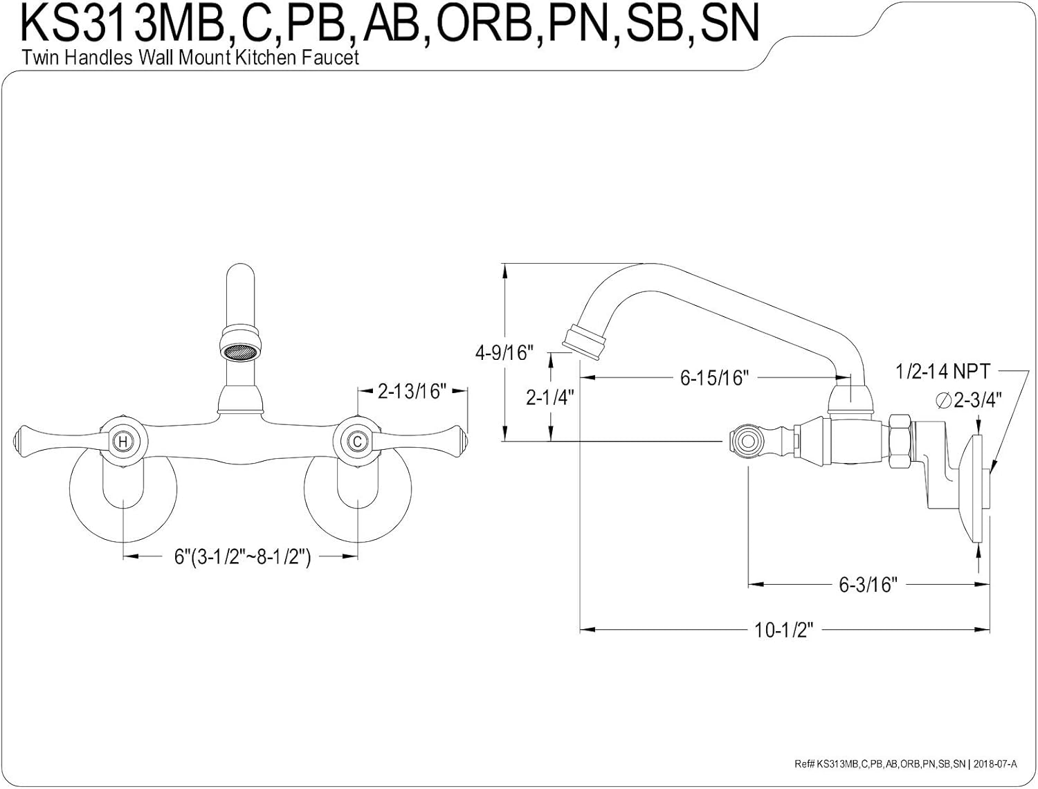 Kingston Brass KS313MB Kingston Two Handle Wall Mount Kitchen Faucet, Matte Black