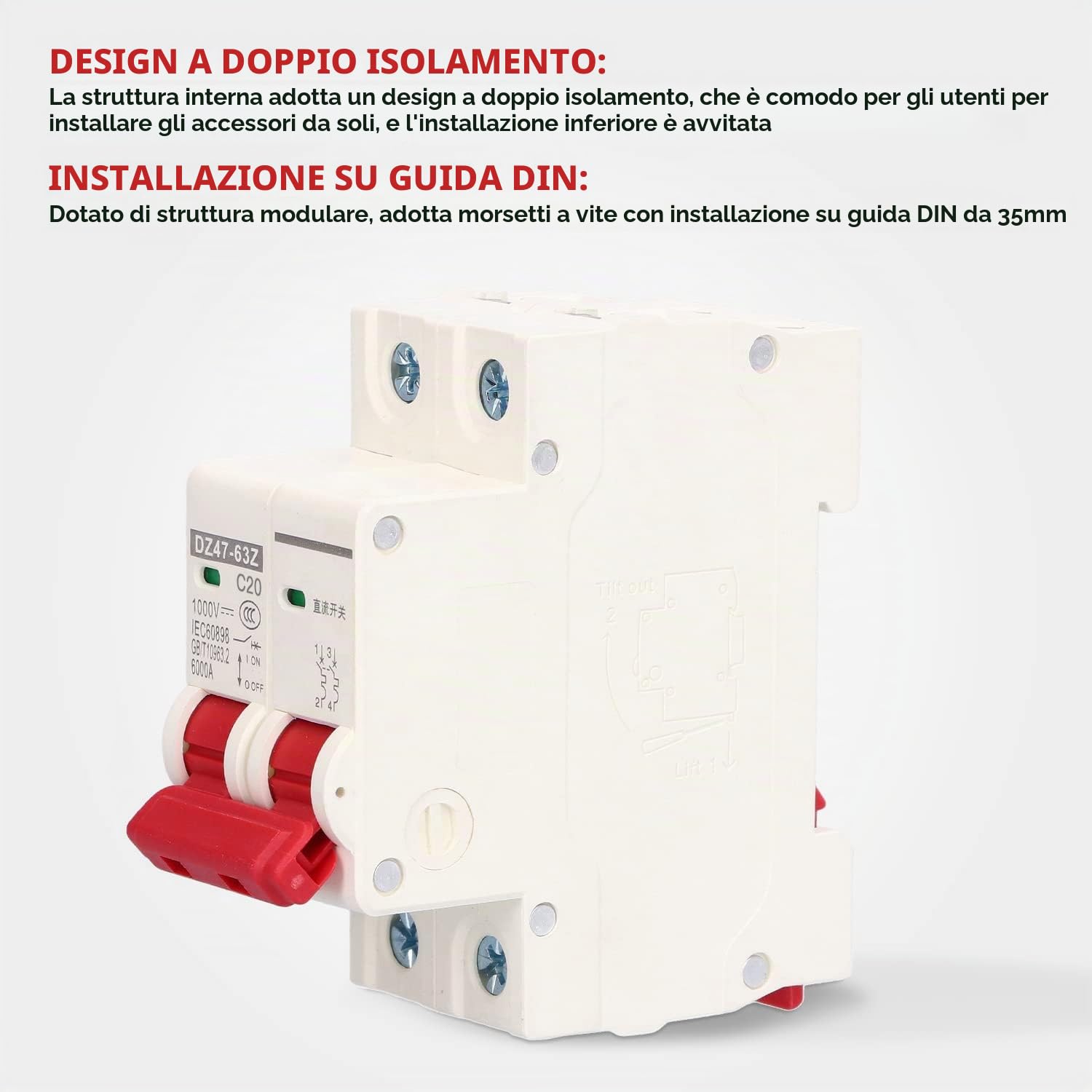 4 pezzi Interuptore Magnetotermico,1000V DC 20A 2P,Interuptore Automatico Miniaturizzato,DIN Rail Overload Protection Air Switch Circuit Breaker per l'illuminazione Residenziale Distribuzione