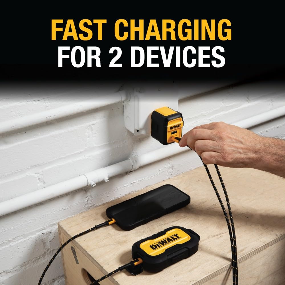 DEWALT Chargeur USB Mural Double Port 24W, Adaptateur Secteur Prise EU avec Ports Inclinés, Chargeur pour iPhone 17/16/15/14/13 Pro Max, Samsung Galaxy S22/S21/Note 20 – Design Robuste