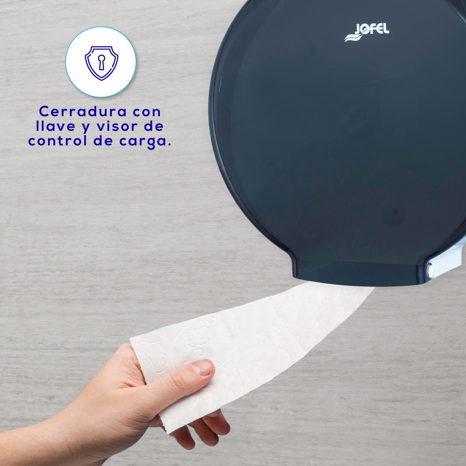 Jofel - Portarrollos de Papel Higiénico Industrial Grande, Dispensador de Papel en Rollos de hasta 400m, max. 260mm de Diámetro, Mandril de 45mm, Ideal en Baños Públicos WC, Azur AE56000, ABS Fumé