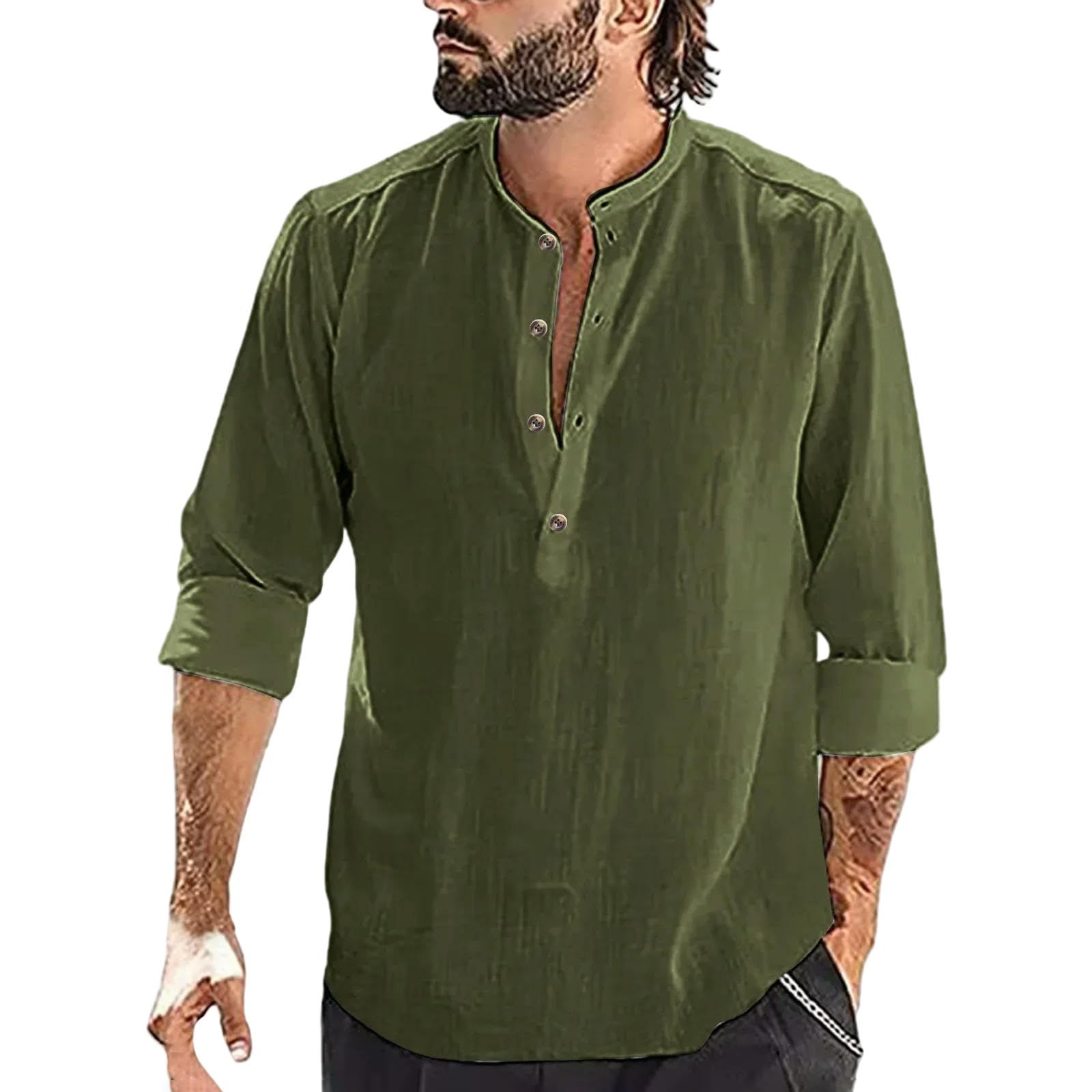 Hombre Algodón Lino Color sólido Cuello Alto Suelto Casual Manga Larga Sencillo Camisas versátiles