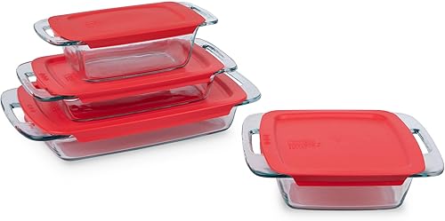 Pyrex Easy Grab - Juego de 8 platos de vidrio para hornear con tapas, (1.5 cuartos de galón, 2 cuartos de galón, 3 cuartos de galón, 8 pulgadas),