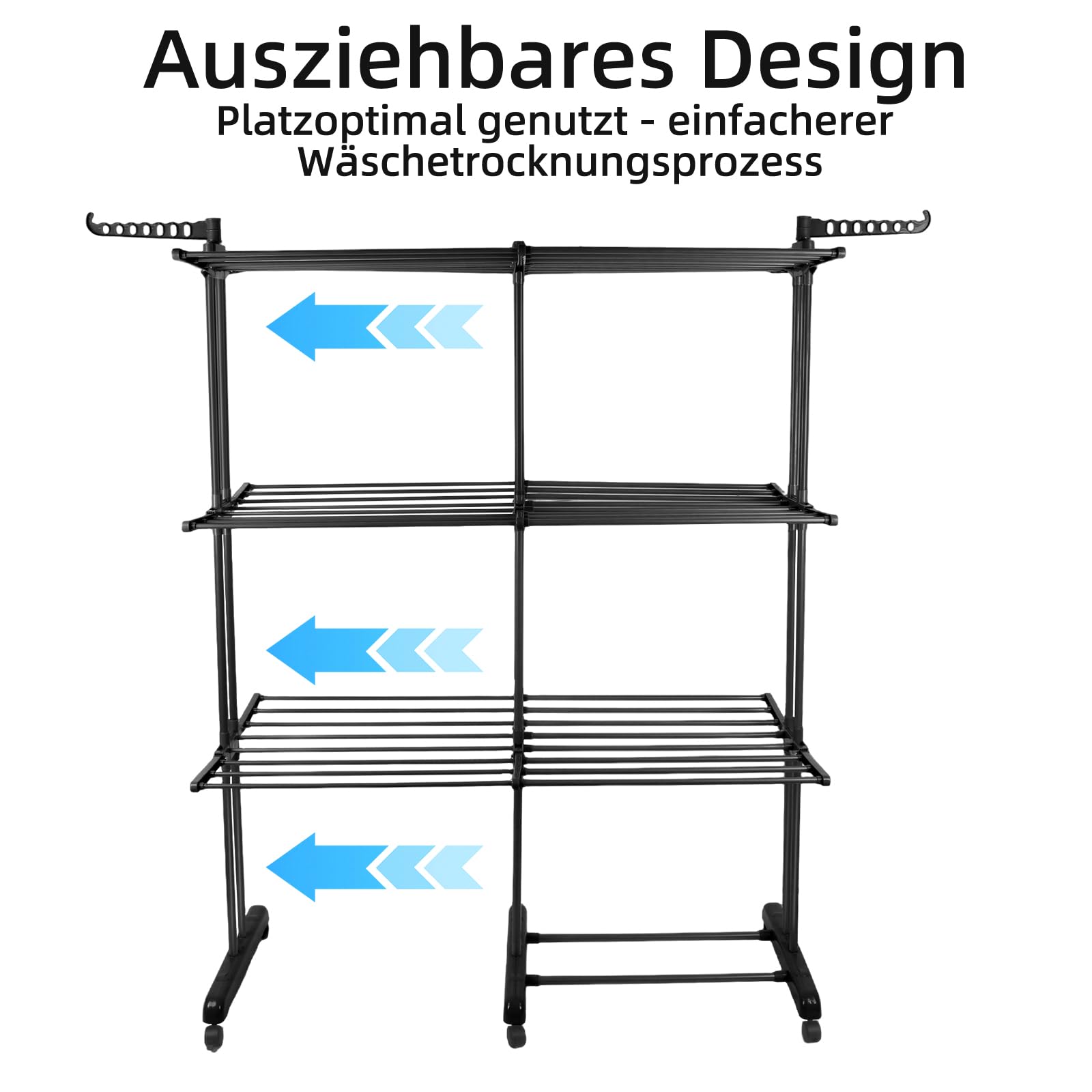 HUOLE Séchoir à Linge Tour Peu encombrant, étendoir à Linge Extensible, Table de Lavage Pliable pour l'intérieur et de Grandes familles,49 x (75-132) x 170 cm (Noir + Tube Noir)