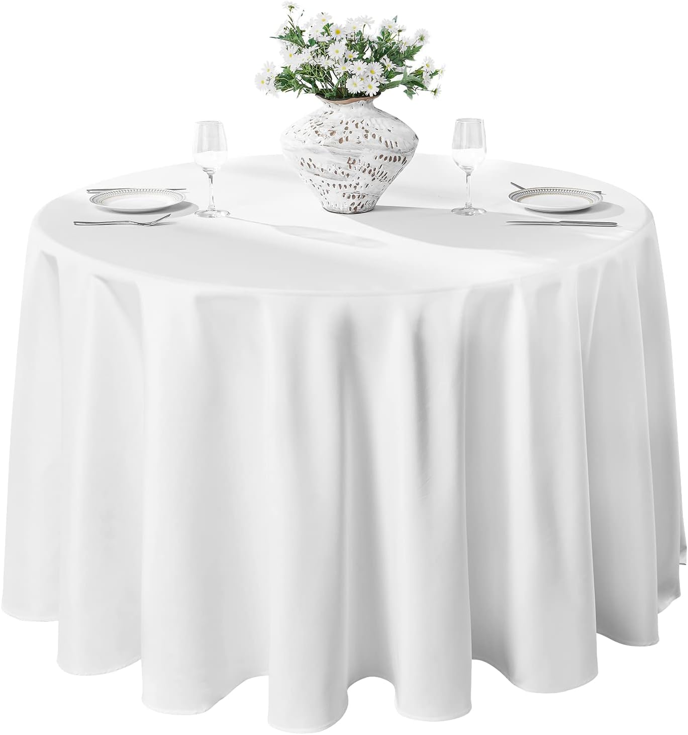 VidaFete 1 Pack 120inch Round Tablecloth Polyester Table Cloth, Stain Resistant and Wrinkle Polyester Dining Table Cover for Kitchen Dinning Party Wedding Rectangular Tabletop Buffet Decoration(White)