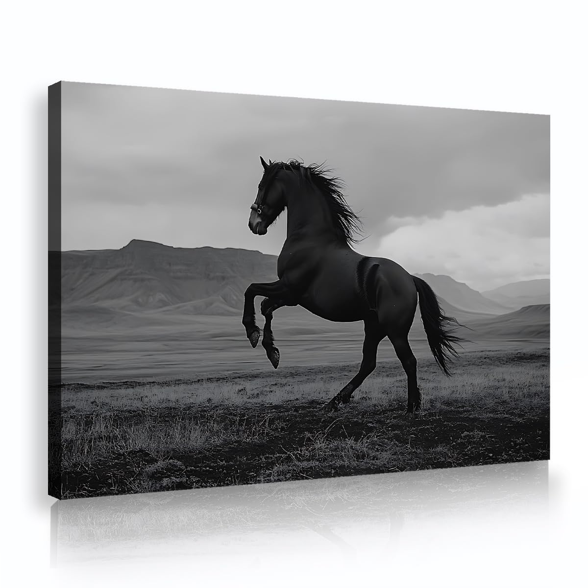 CHERHERART Płótno Wall Art Czarno-biały obraz konia Dekoracja ścienna Elegancki obraz dzikiej przyrody Galopujący Grawerowanie do gabinetu 60 x 90 cm Rama wewnętrzna