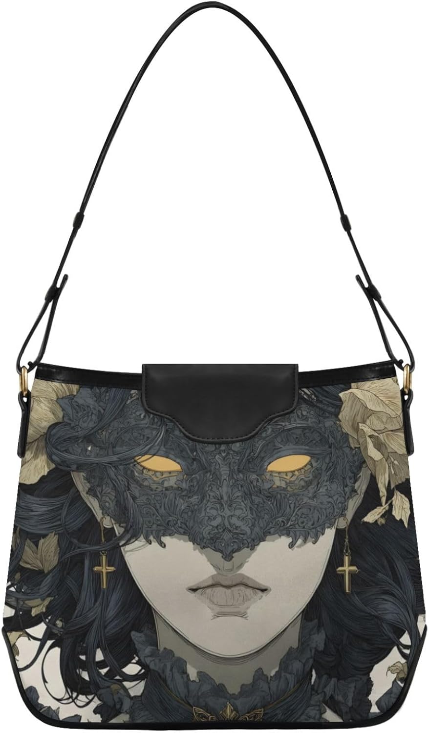 Hobo Bag for Women Woman Anime Gold, Large Capacity Shoulder Tote with Magnetic Snap Closure, Soft Polyester & PU Leather Satchel Handbag with Removable Strap for Work Travel Daily Use