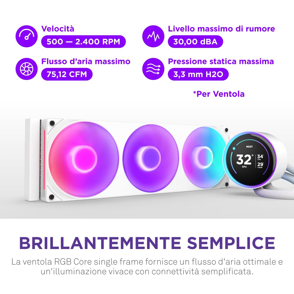 NZXT Kraken Elite 360 RGB - Dissipatore CPU AIO 360mm, LCD - Bianco | AIO 360mm con LCD da 2.36 pollici e ventola F360 RGB Core. Raffreddamento flagship con RGB sincronizzato via CAM.