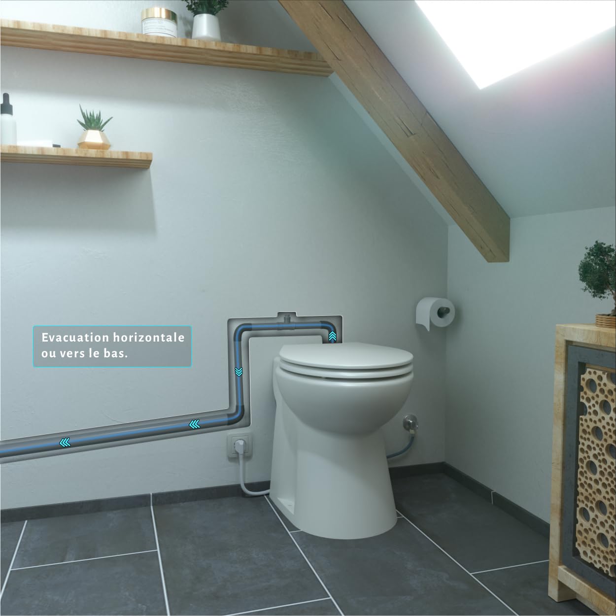 Compact - WC Broyeur avec Double Chasse, Abattant Frein de Chute, Installation Facile, Relevage 3m Vertical, 30m Horizontal, 500W, Fabrication Française, Garantie 3 Ans