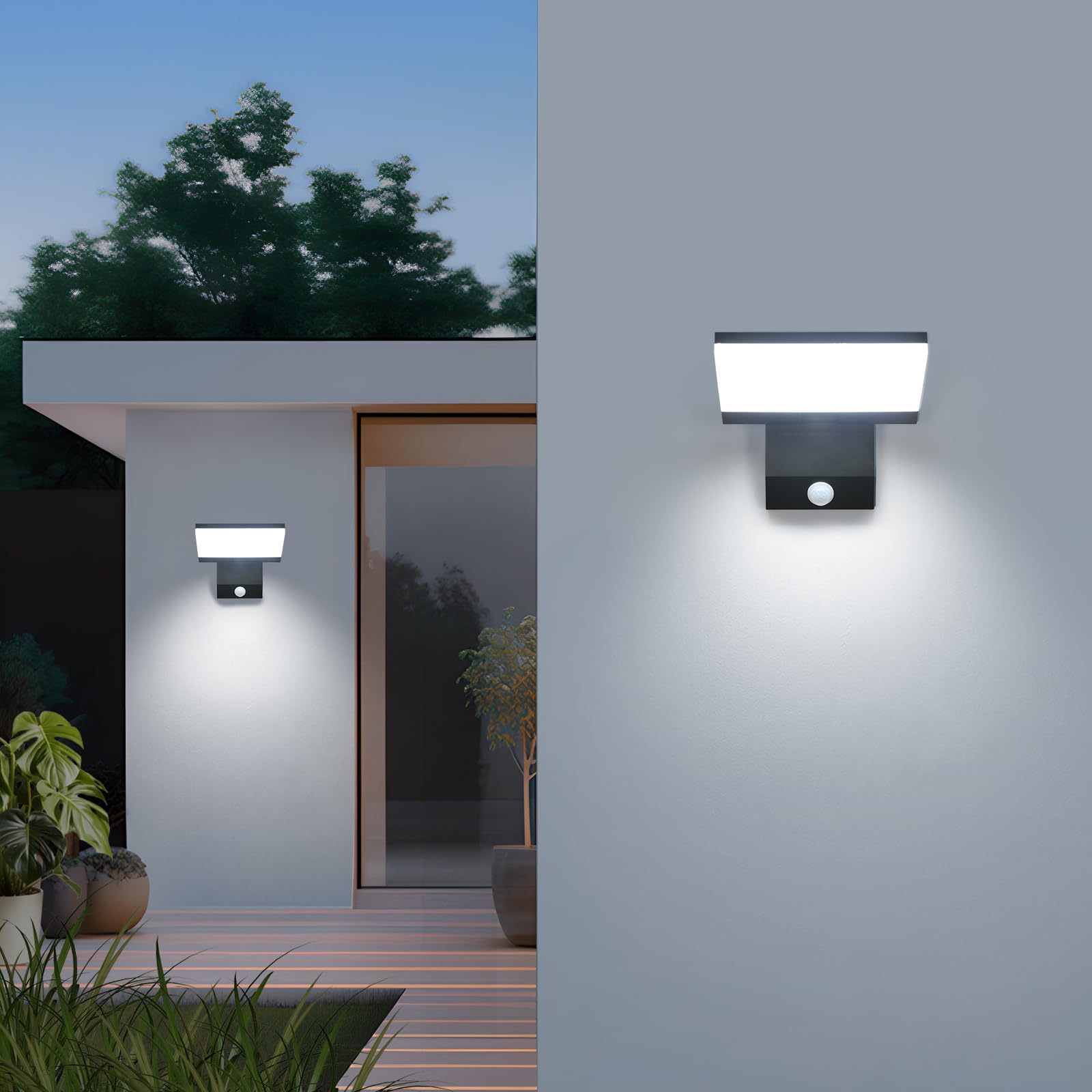 Comely Aplique Pared Exterior con Sensor de Movimiento, 24W Lampara Exterior Pared LED, IP65 Impermeable Aplique Negro para Patio, Jardín, Terraza, 6500K