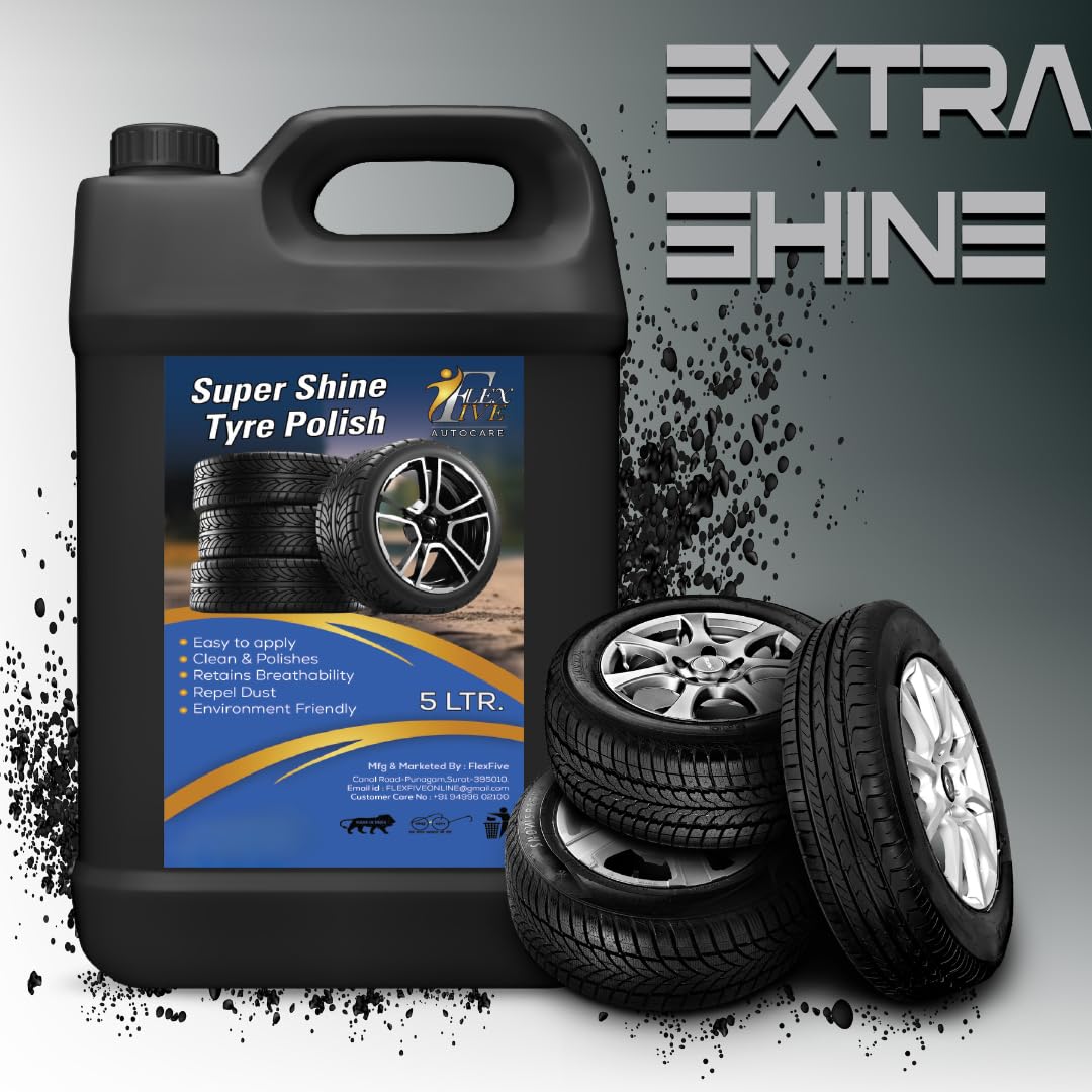 FLEXFIVE Ultra Wet Black Shine Tyre Polish Liquid Non-Greasy Tyre Polish, Long Lasting & Dirt Repellant (5 Liter) - Image 3 thumbnail