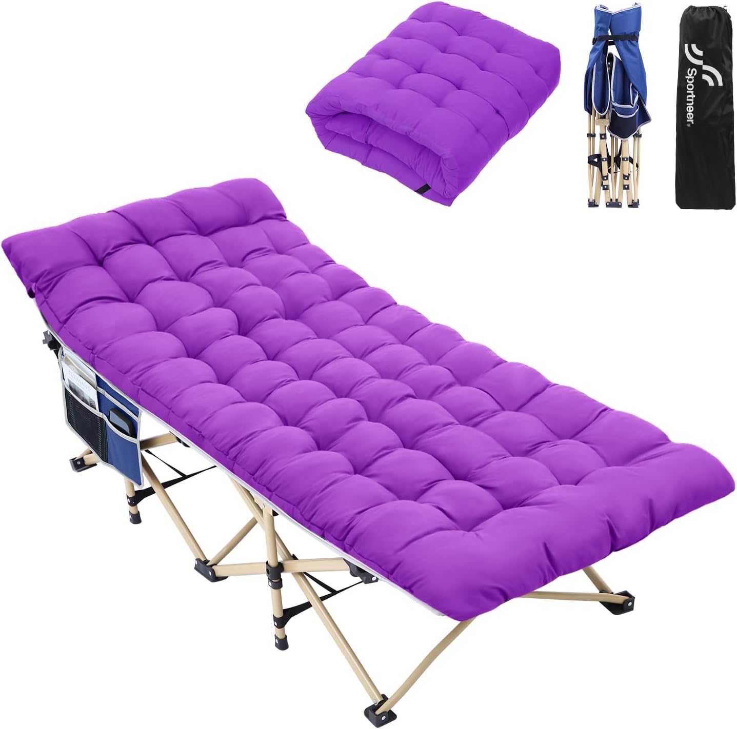 Sportneer Camping Cot, Camping Cots for Adults with Mattress Max Load 450 LBS Heavy Duty Portable Sleeping Folding Bed with Padded for Camping Tent Office Outdoor Travel Sleep Over (1, Blue+Purple) 1 Blue+purple