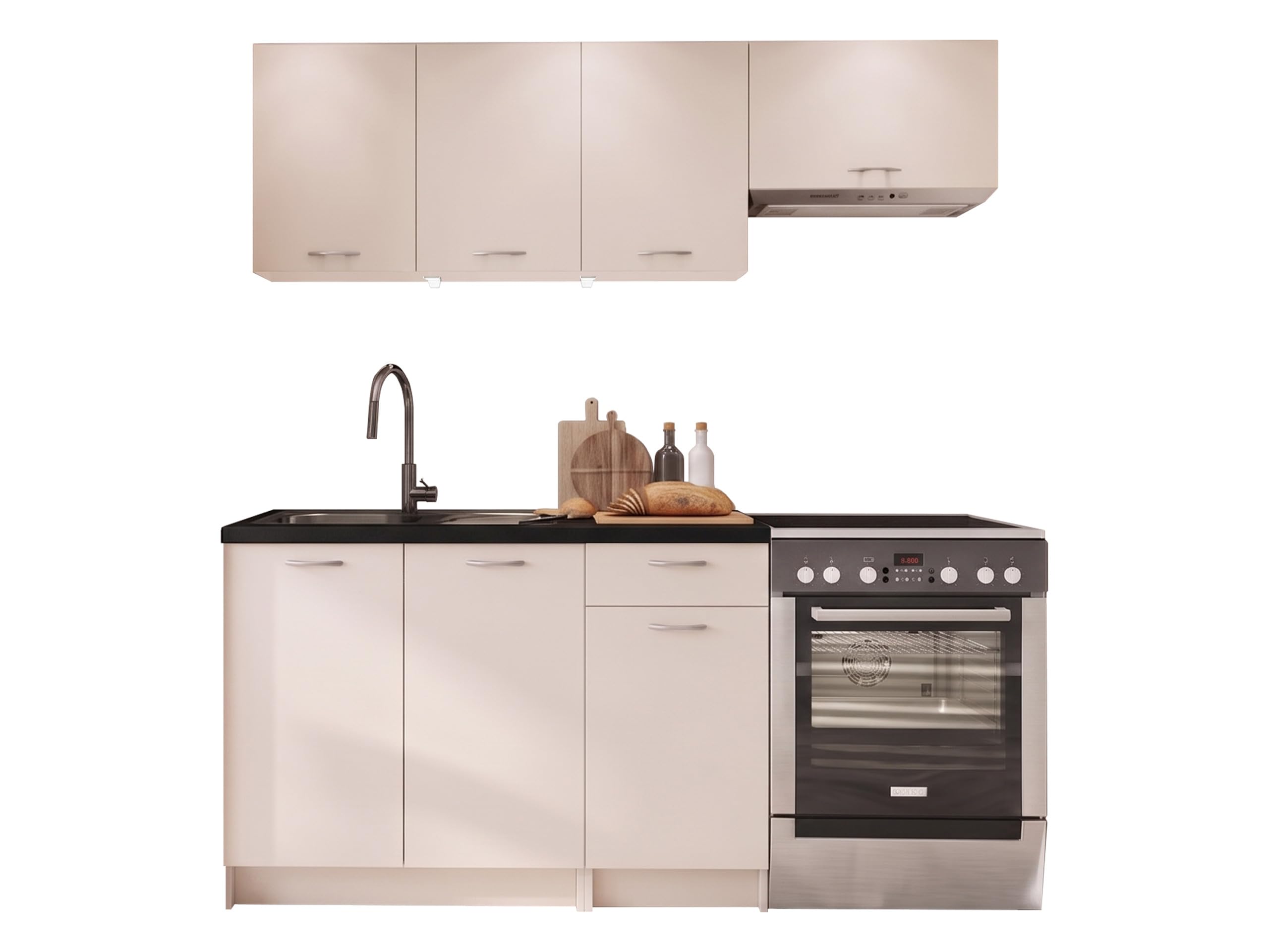 Mirjan24 Mela Küchenmöbel Set 180/120 cm mit Arbeitsplatte - Moderne Einbauküche in Creme/Beige, Hängeschränke & Unterschränke, 5 Schrank-Module (Cashmere/Schwarz, mit LED Beleuchtung)