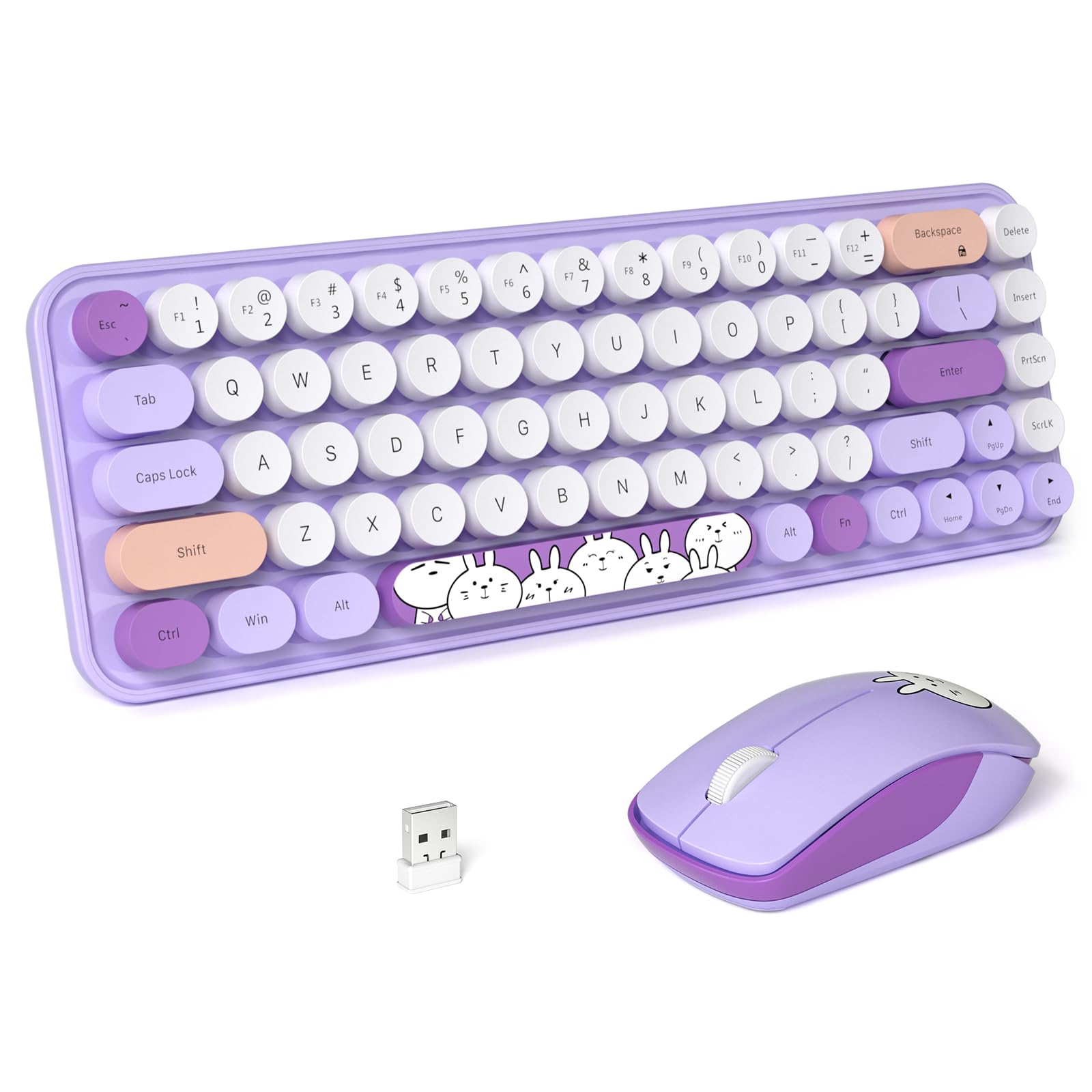 FOPETT Wireless Keyboard and Mouse Cute Mouse and Keyboard 2.4G Wireless Keyboards with Colorful 68 Keys Typewriter Retro Round Keycap for PC, Laptop,Tablet,Computer Windows - Purple Colorful-picture-14