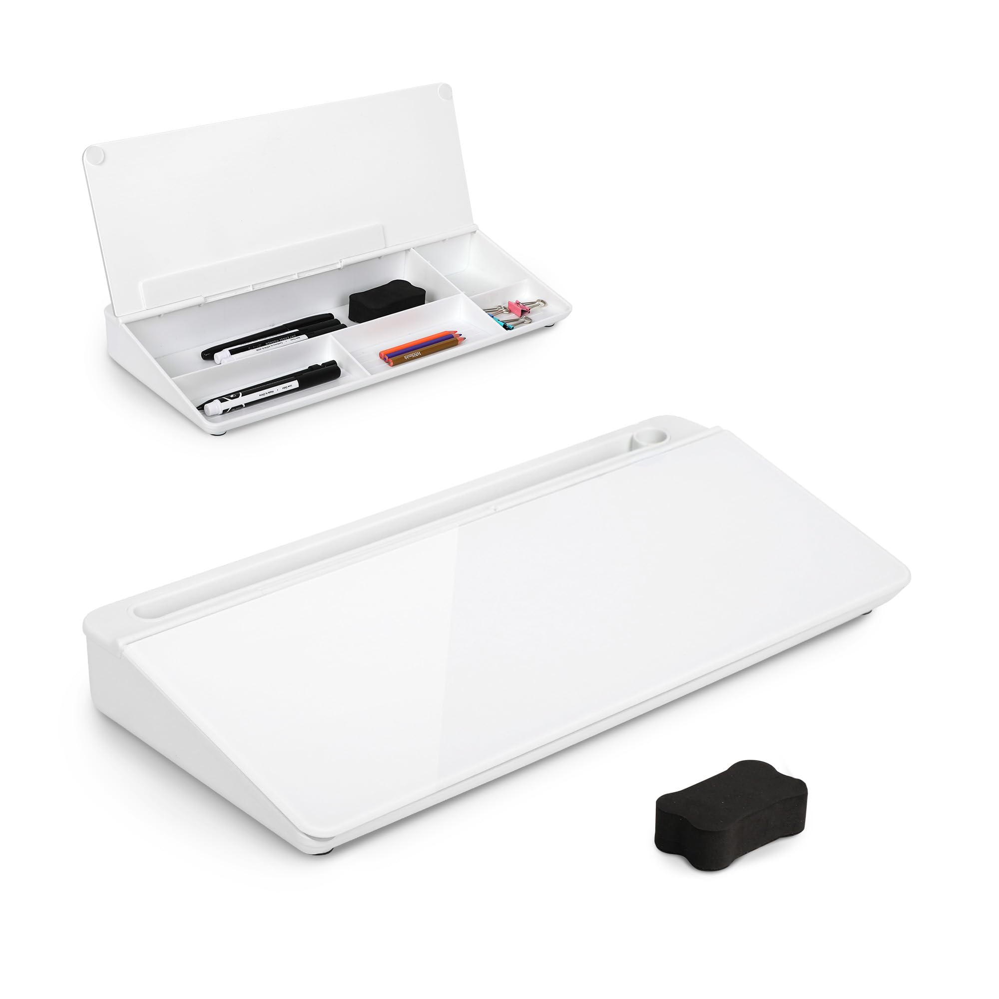 orientools desktop whiteboard with glass surface, 16'' x 7'' desk whiteboard, desk dry erase board with storage, computer pad & keyboard stand, desk accessories for office, home, school(white)