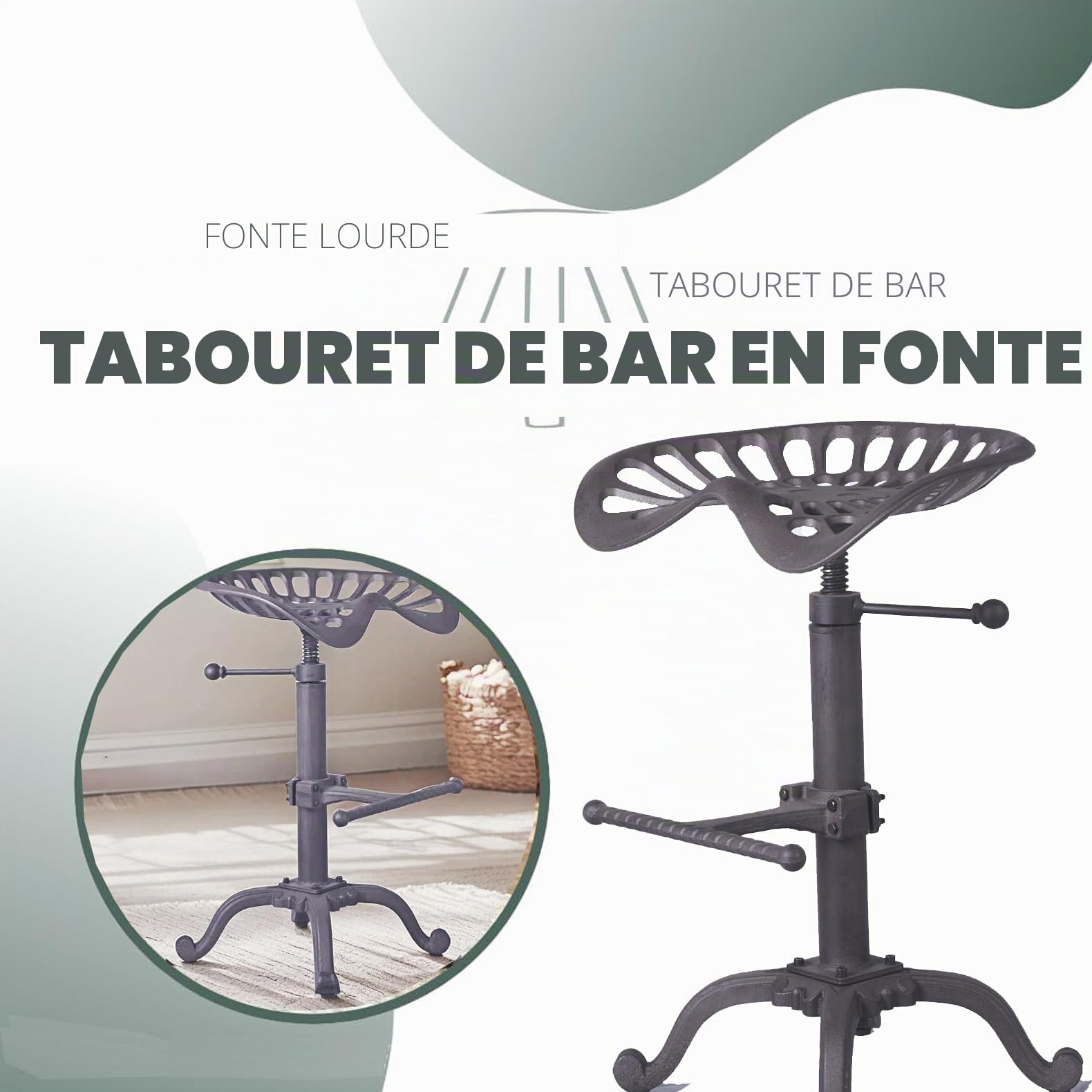 Topower Tabouret de Bar Industriel de Ferme - Tabouret de Tracteur de Fonte, Taille réglable, siège pivotant, Chaise de Barre de Petit déjeuner