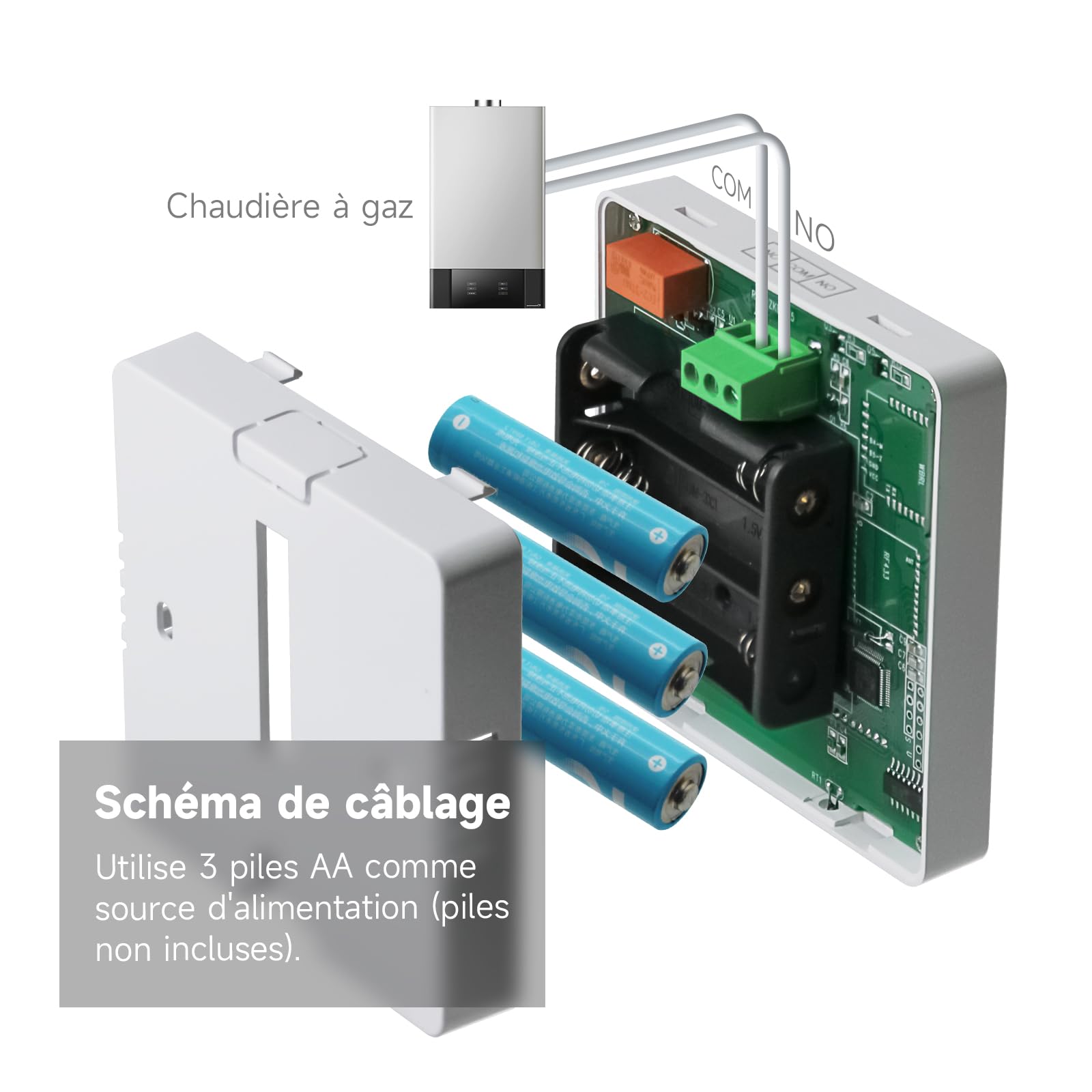 Beok Thermostat Chaudiere Gaz Thermostat Chauffage Numérique,Programmable et Contrôle de Chaudière à Eau, Fonctionnement sur Piles 3 AA, BOT - R6W Blanc