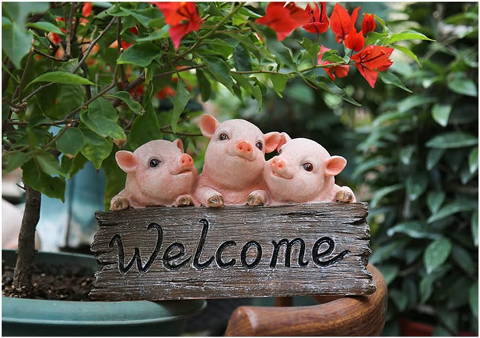 Primst Pig Welcome Sign - Resin Garden Statue Decor for Courtyard & Lawn Patio Decoration