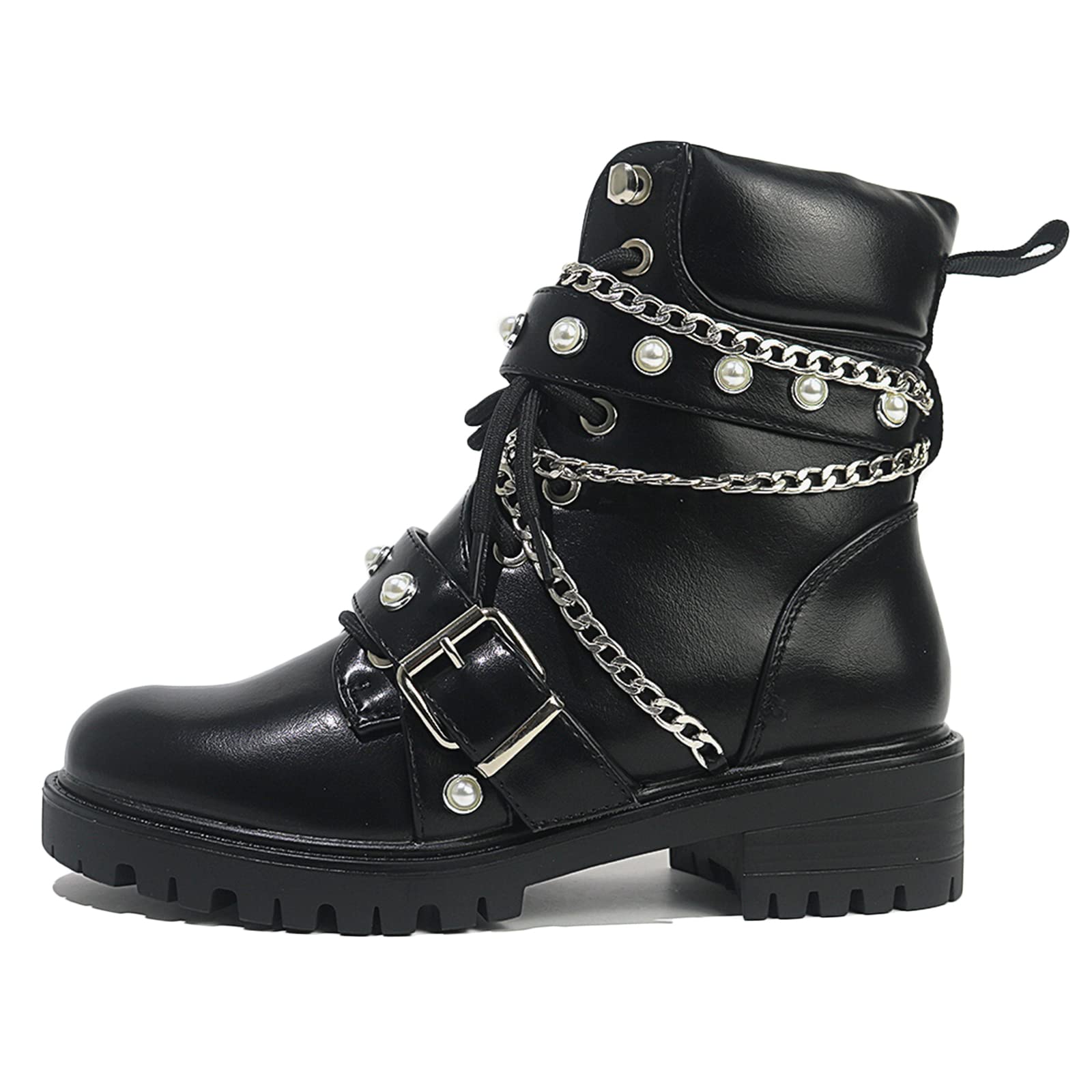 MeiLuSiLace up Military Combat Boots for Women Gothic Chain Studded Motorcycle Ankle Booties