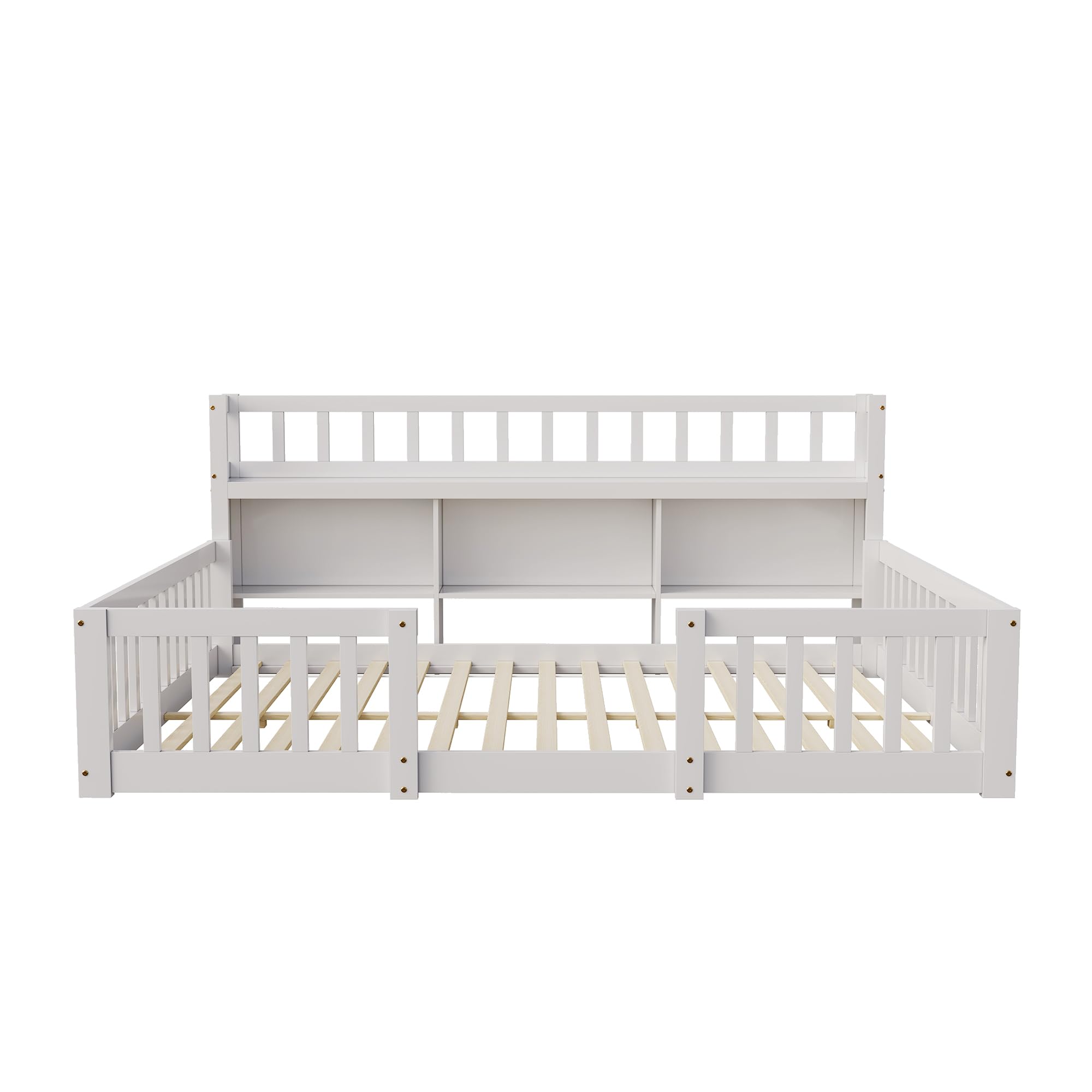Cama en el suelo Montessori para niños, 140 x 200 cm, cama de suelo de madera con biblioteca integrada y guardabarros, cama infantil en el suelo con somier de láminas, blanco (sin colchón)